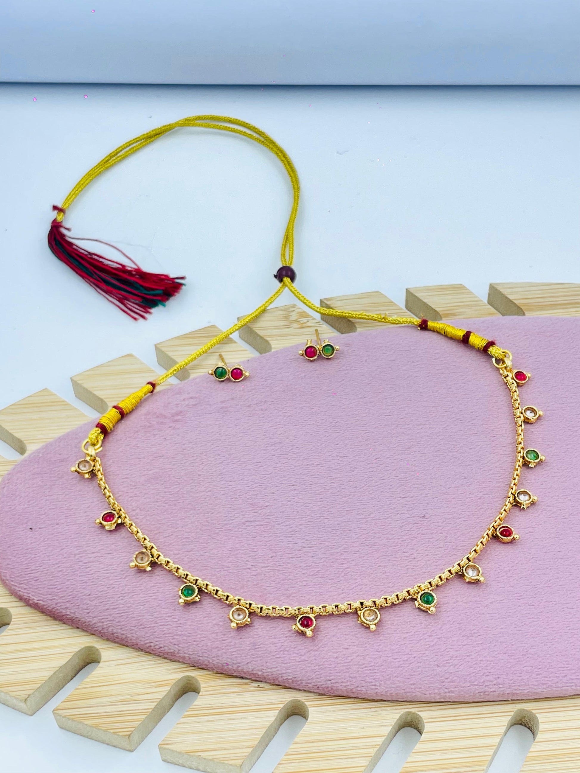 Gold Tone Necklace with Red Green Stones and Earrings – Simple Jewelry