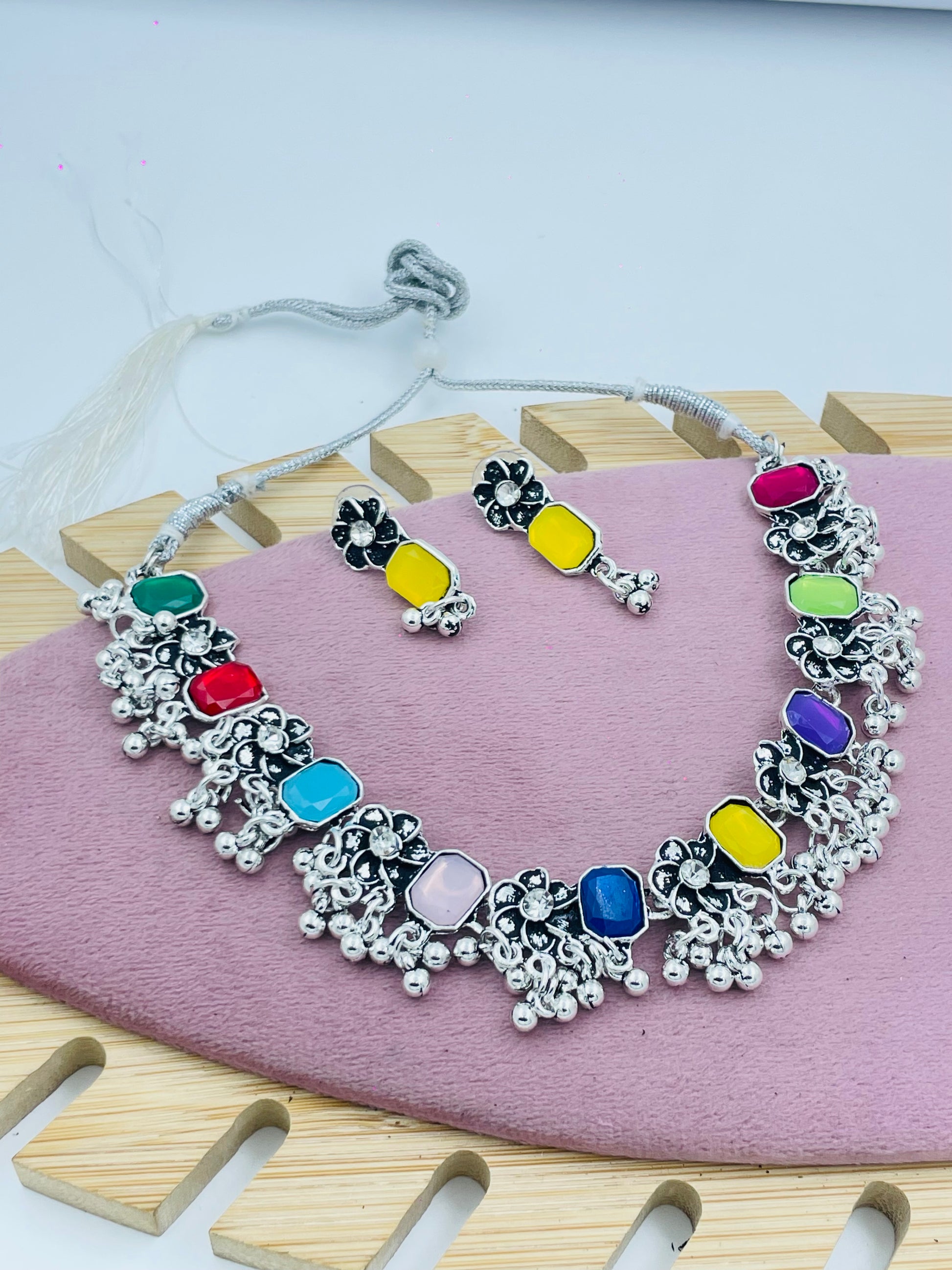 Multicolor Oxidized Silver Necklace Set with Earrings