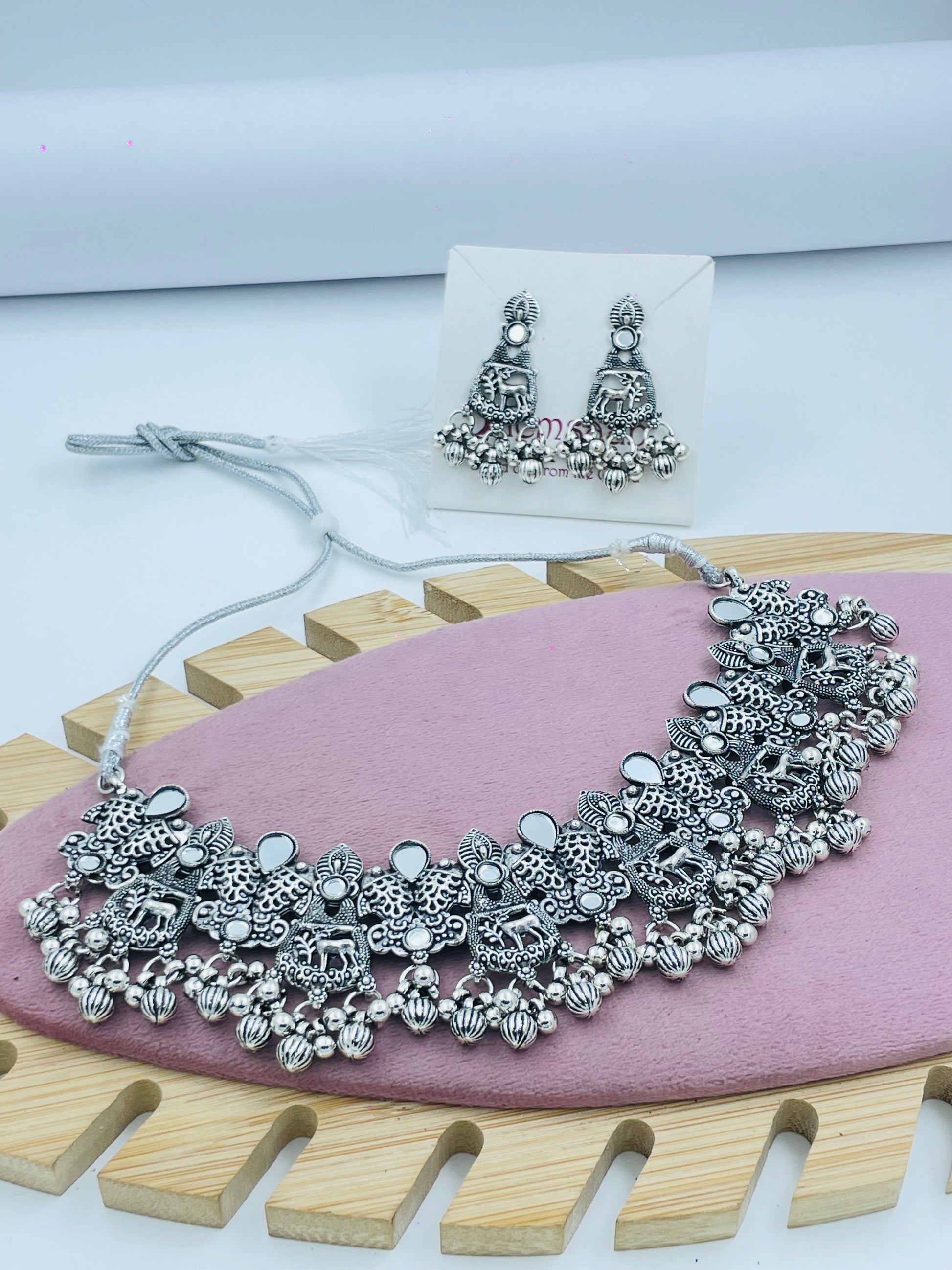 Oxidized Silver Floral Necklace and Earring Set  Elegant Jewelry