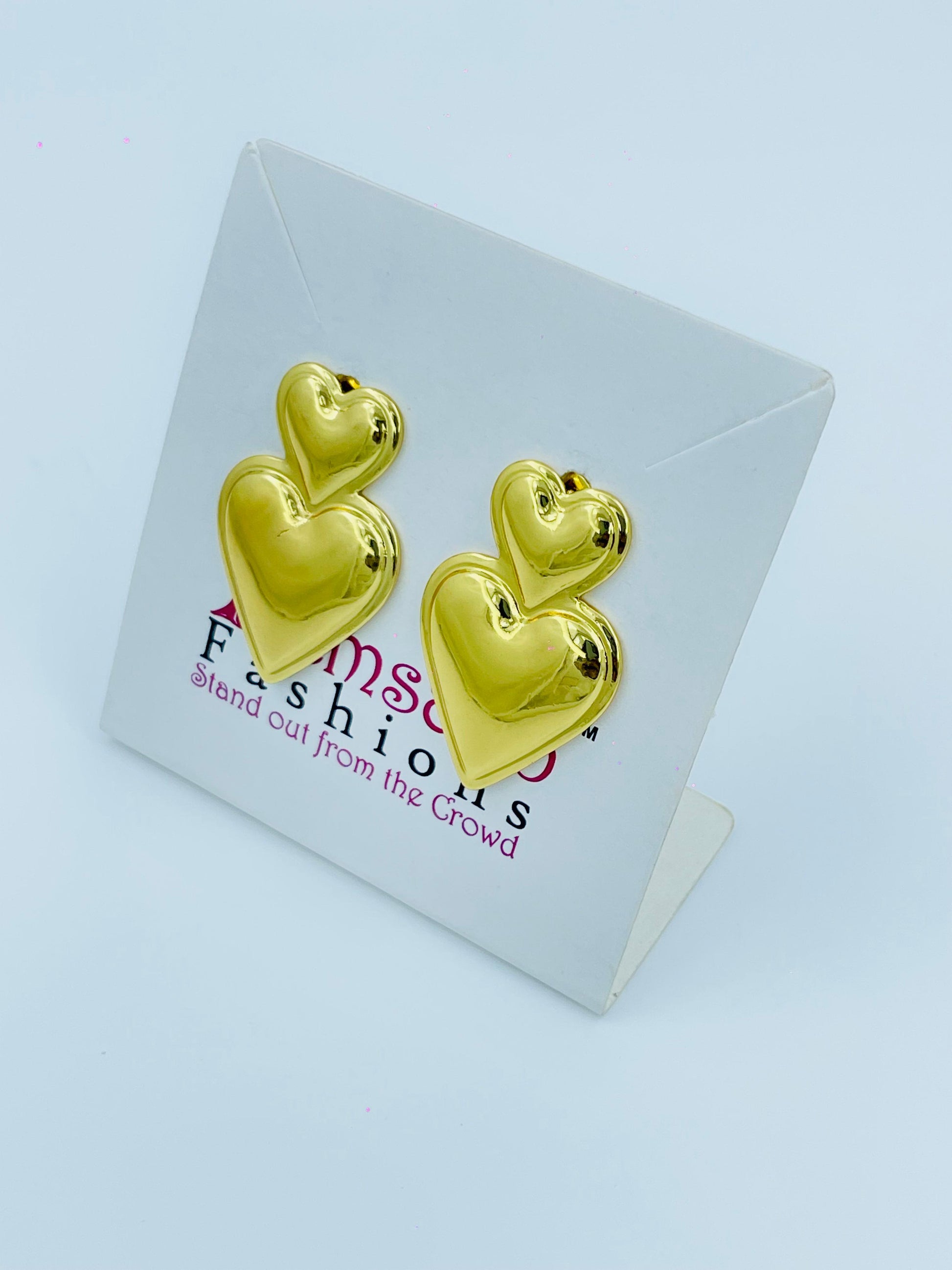 Double Heart Gold-Tone Stud Earrings for Women | Bold & Stylish Statement Piece