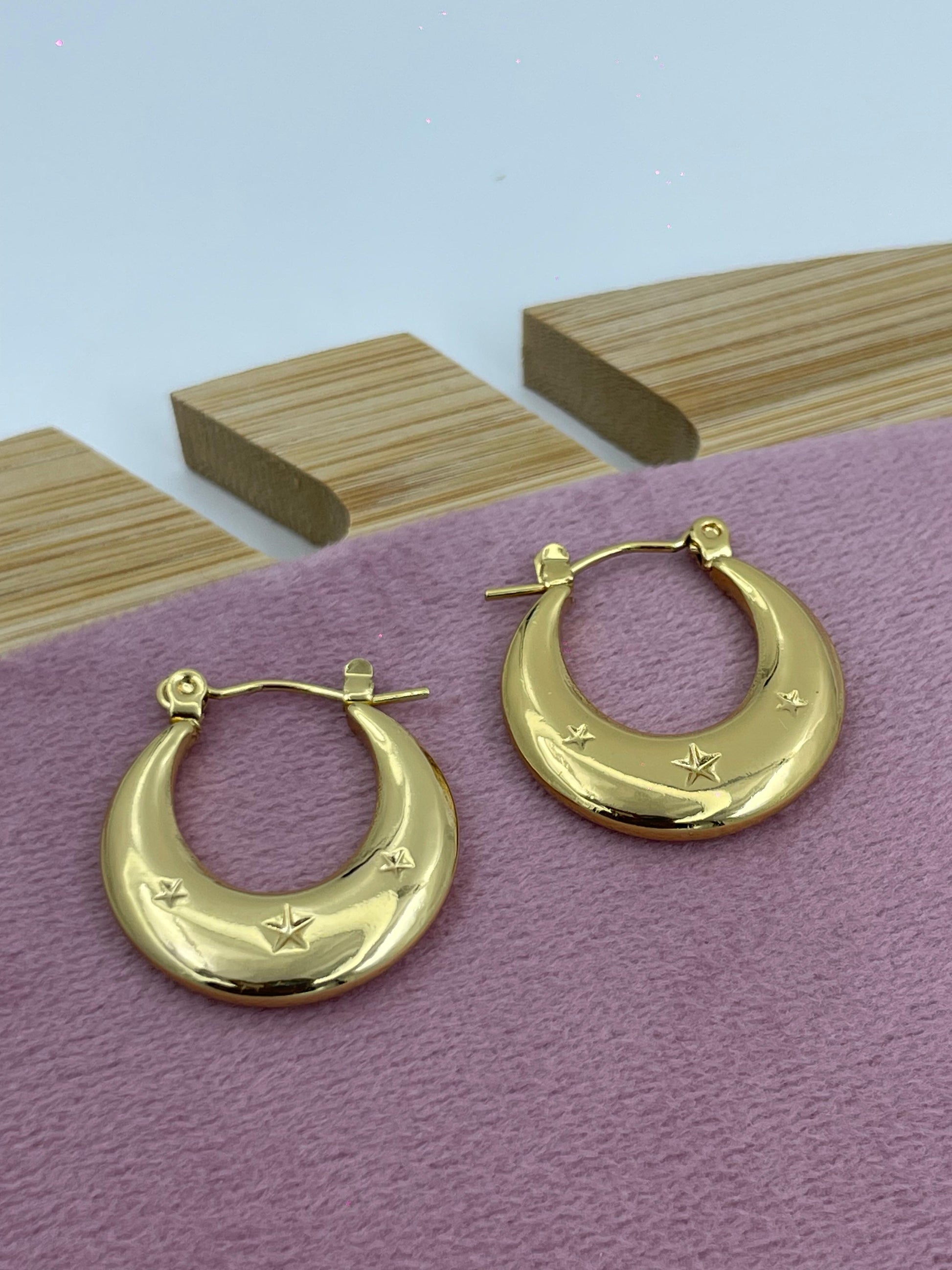 Celestial Crescent Gold Hoop Earrings | Star-Engraved Lunar Design