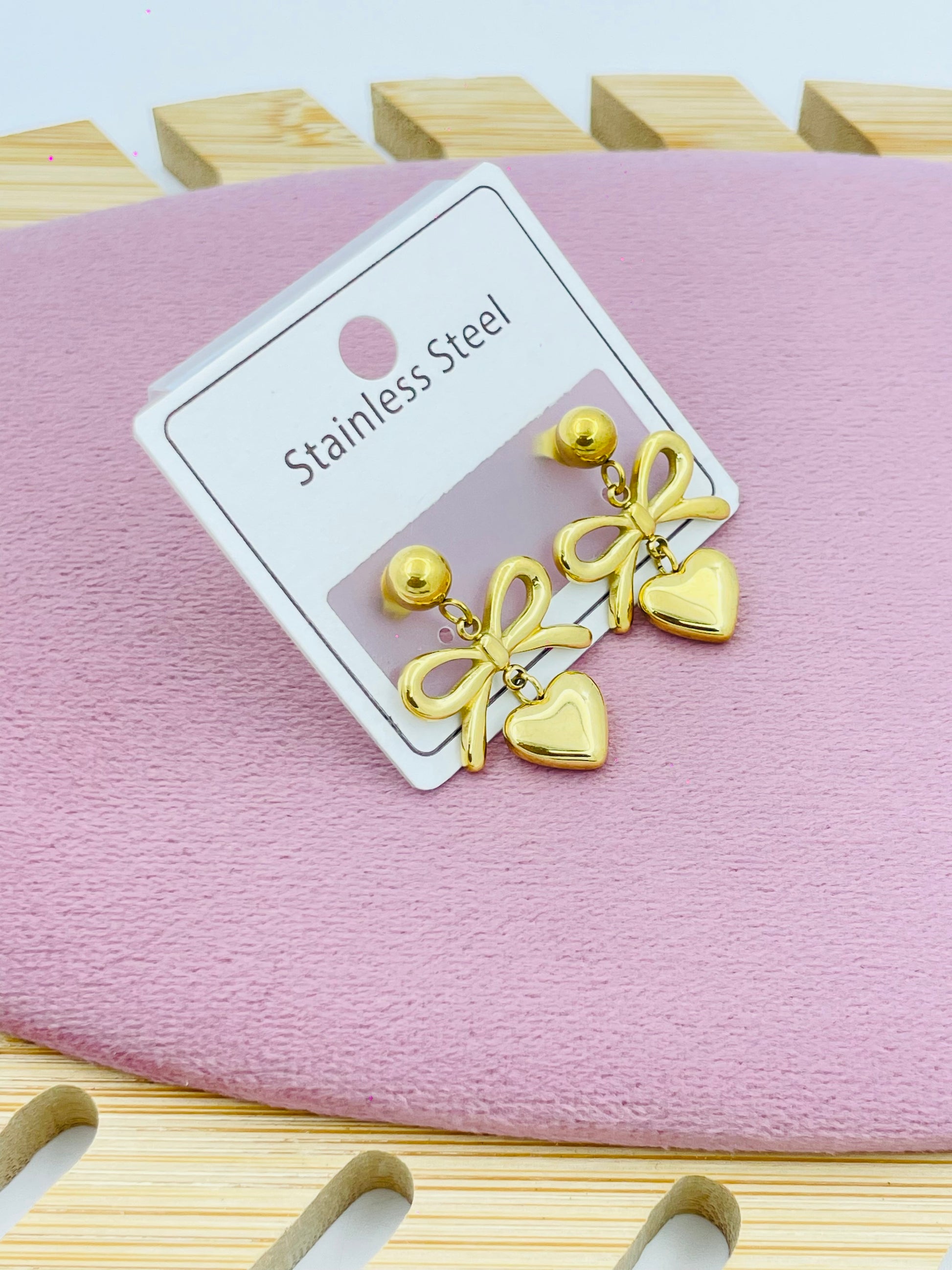 Gold Bow Heart Drop Earrings – Stainless Steel Cute Dangle Jewelry
