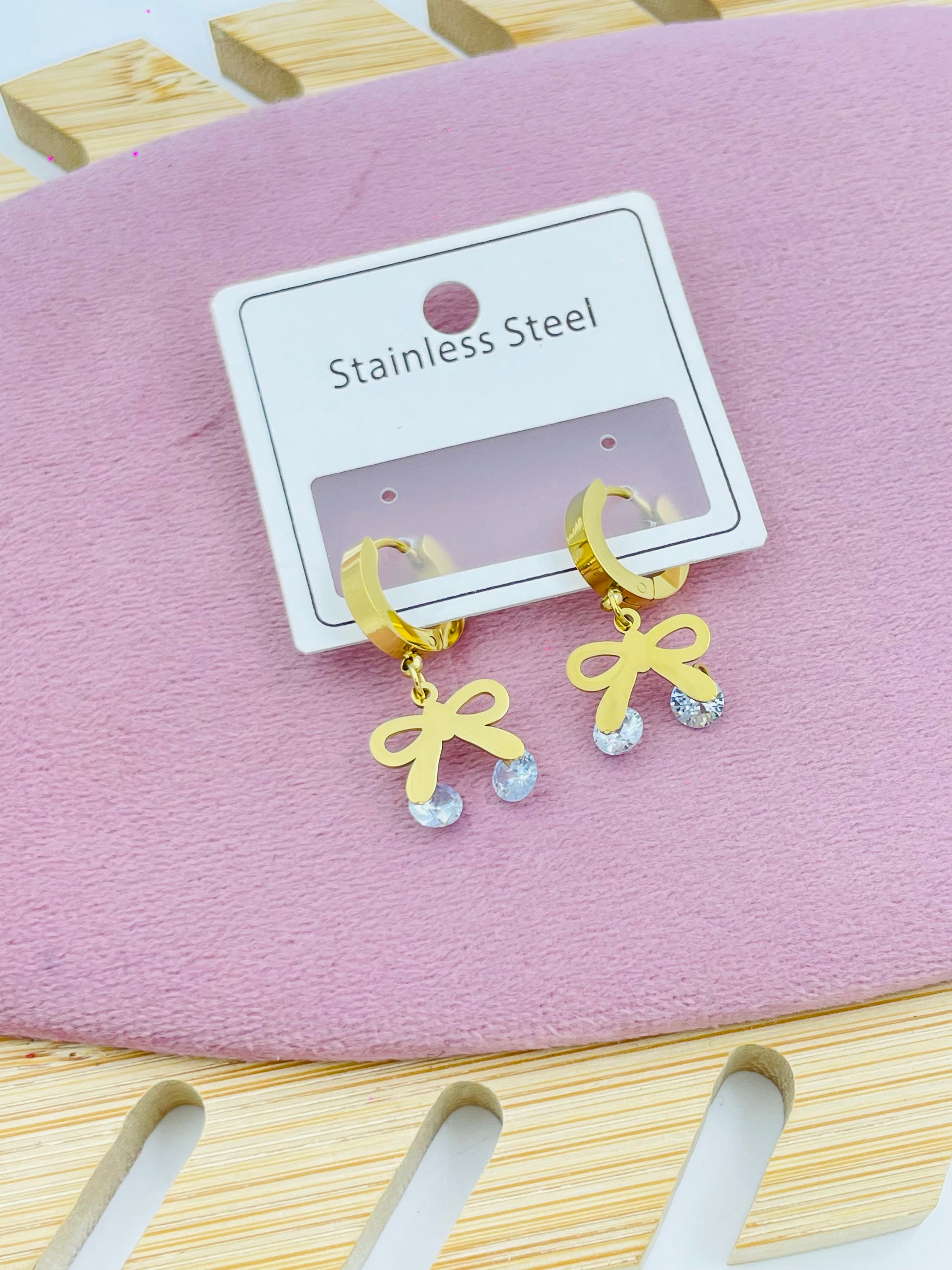Gold Bow Hoop Earrings with Crystals – Stainless Steel Dangle Jewelry