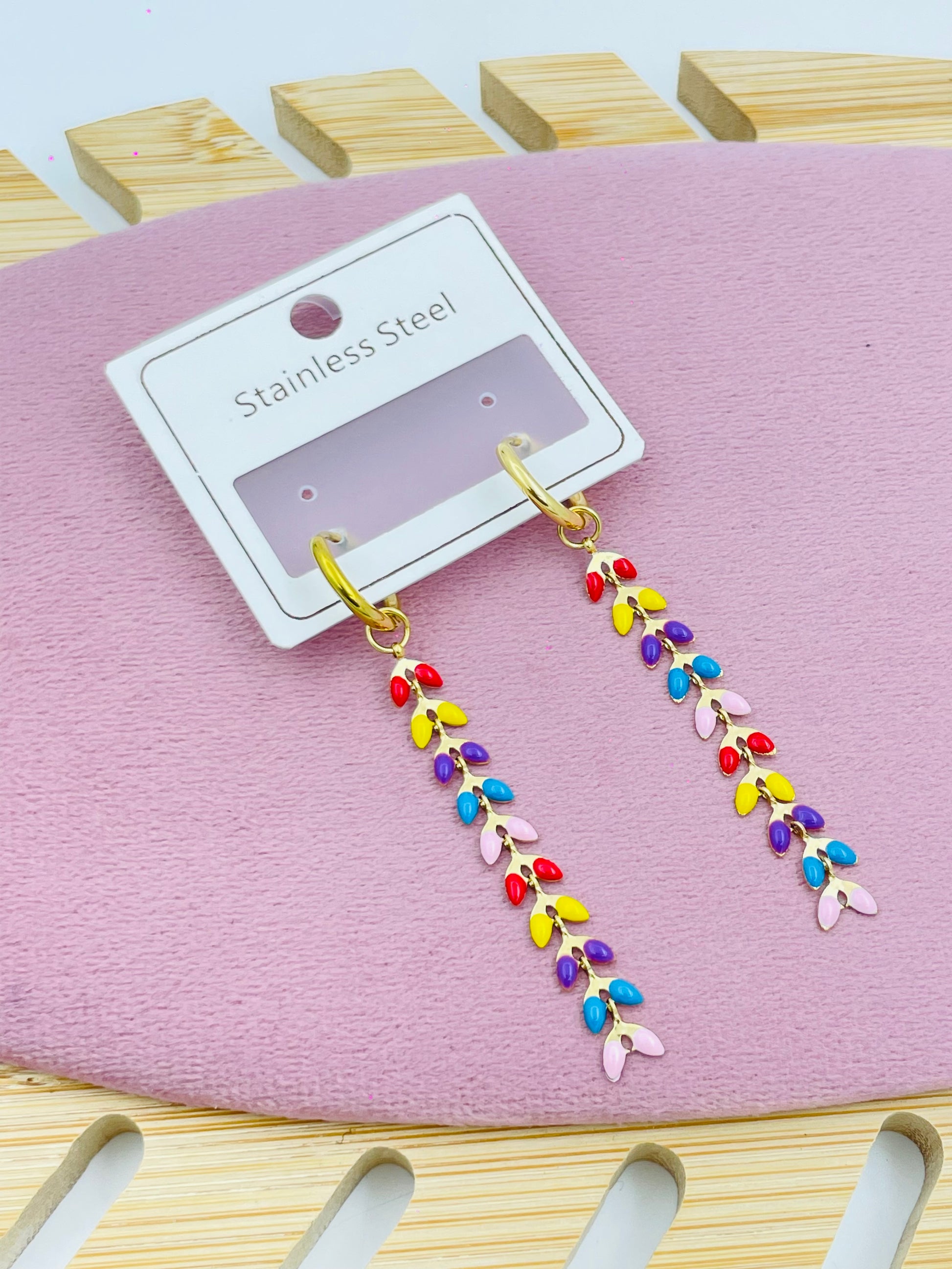 Colorful Long Drop Earrings – Multicolor Leaf Dangle Stainless Steel Jewelry
