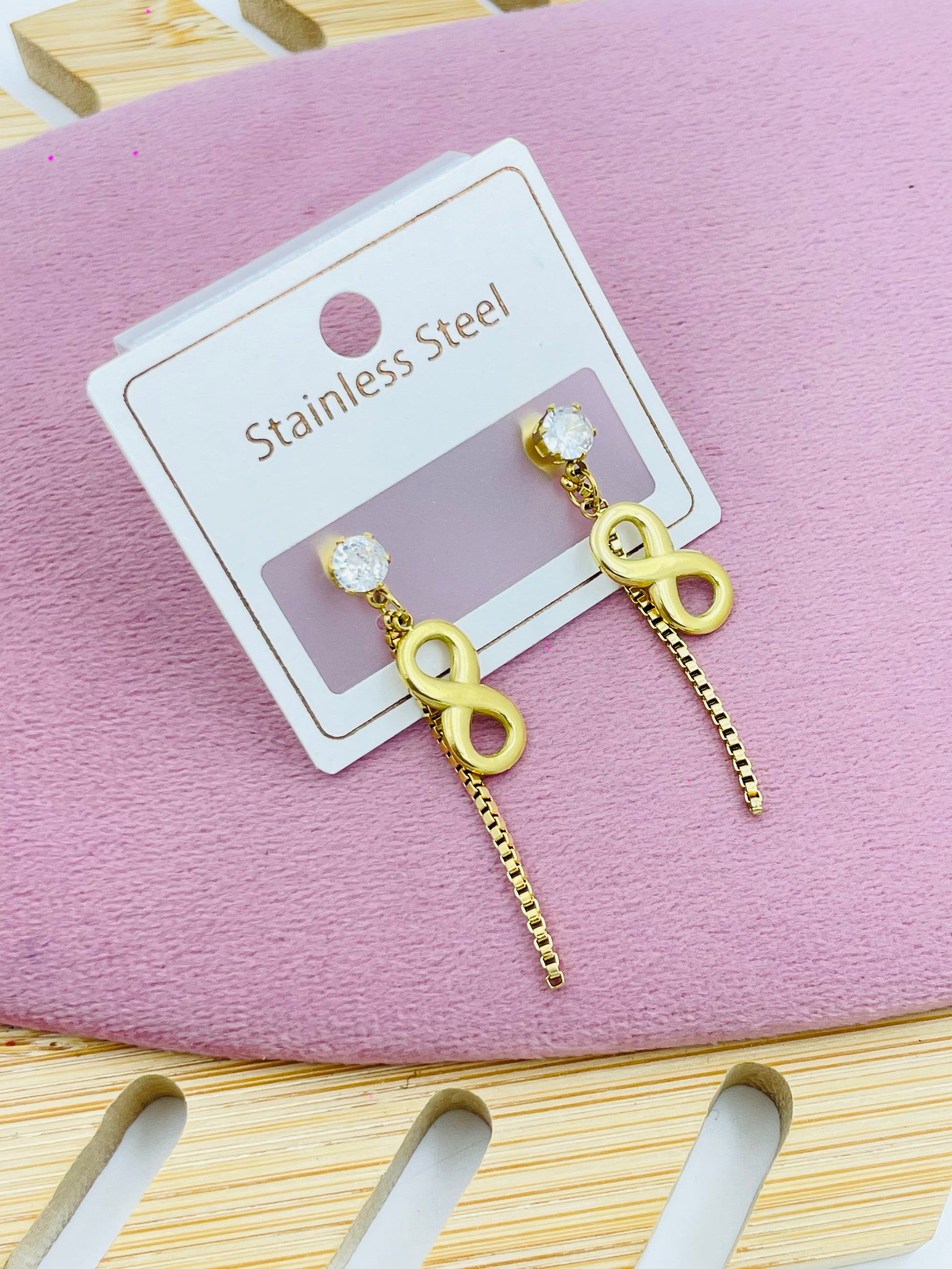 Gold Infinity Drop Earrings with Crystal – Stainless Steel Long Dangle