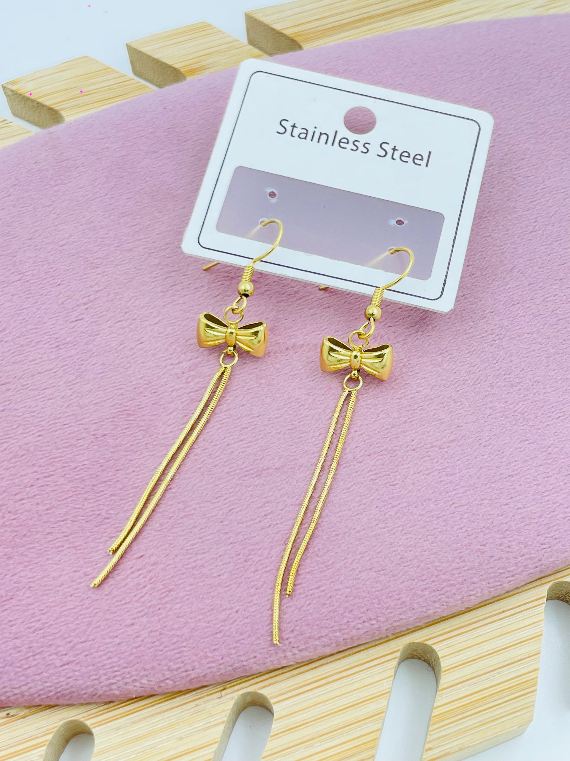 Gold Bow Stainless Steel Dangle Earrings | Elegant Long Tassel Design