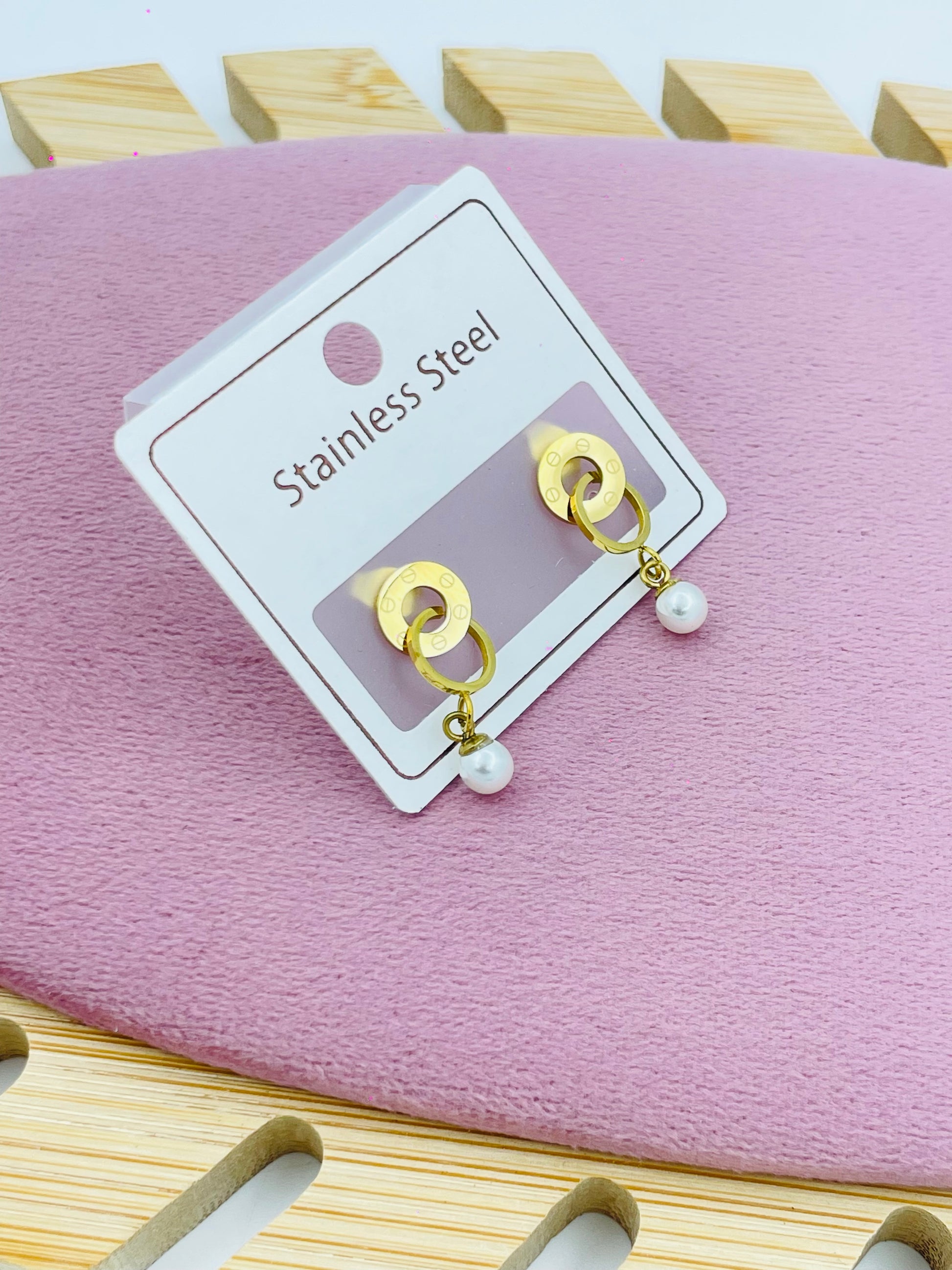 Gold Stainless Steel Pearl Drop Earrings | Elegant Round Hoop Design