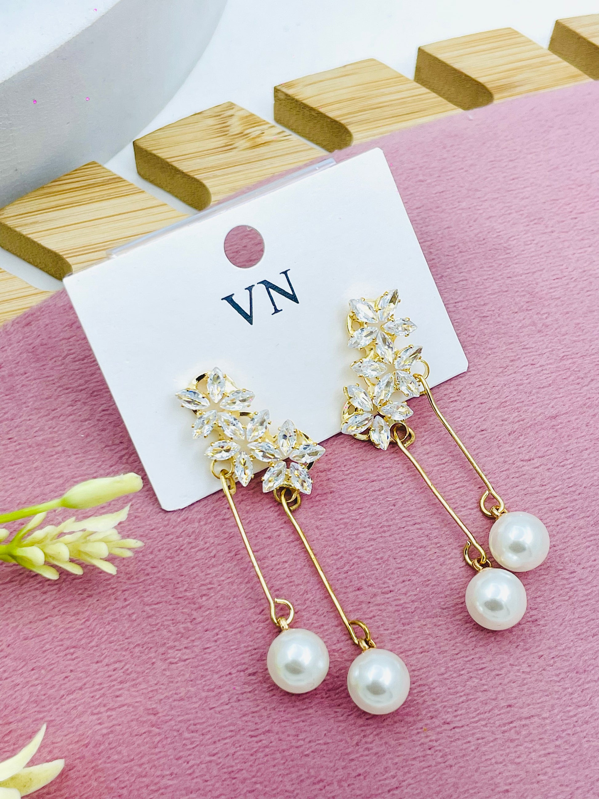Elegant Gold Leaf Drop Earrings with Pearls