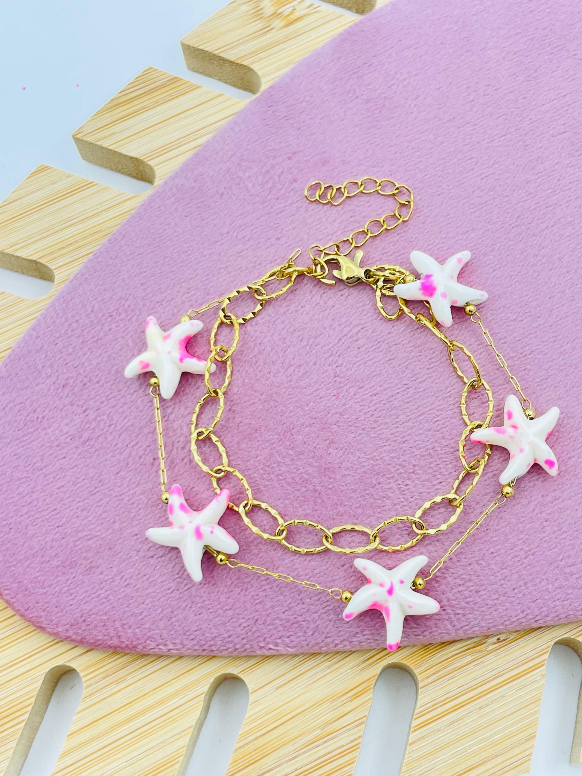 Pink Starfish Charm Bracelet – Beach-Inspired Gold Double Chain Jewelry