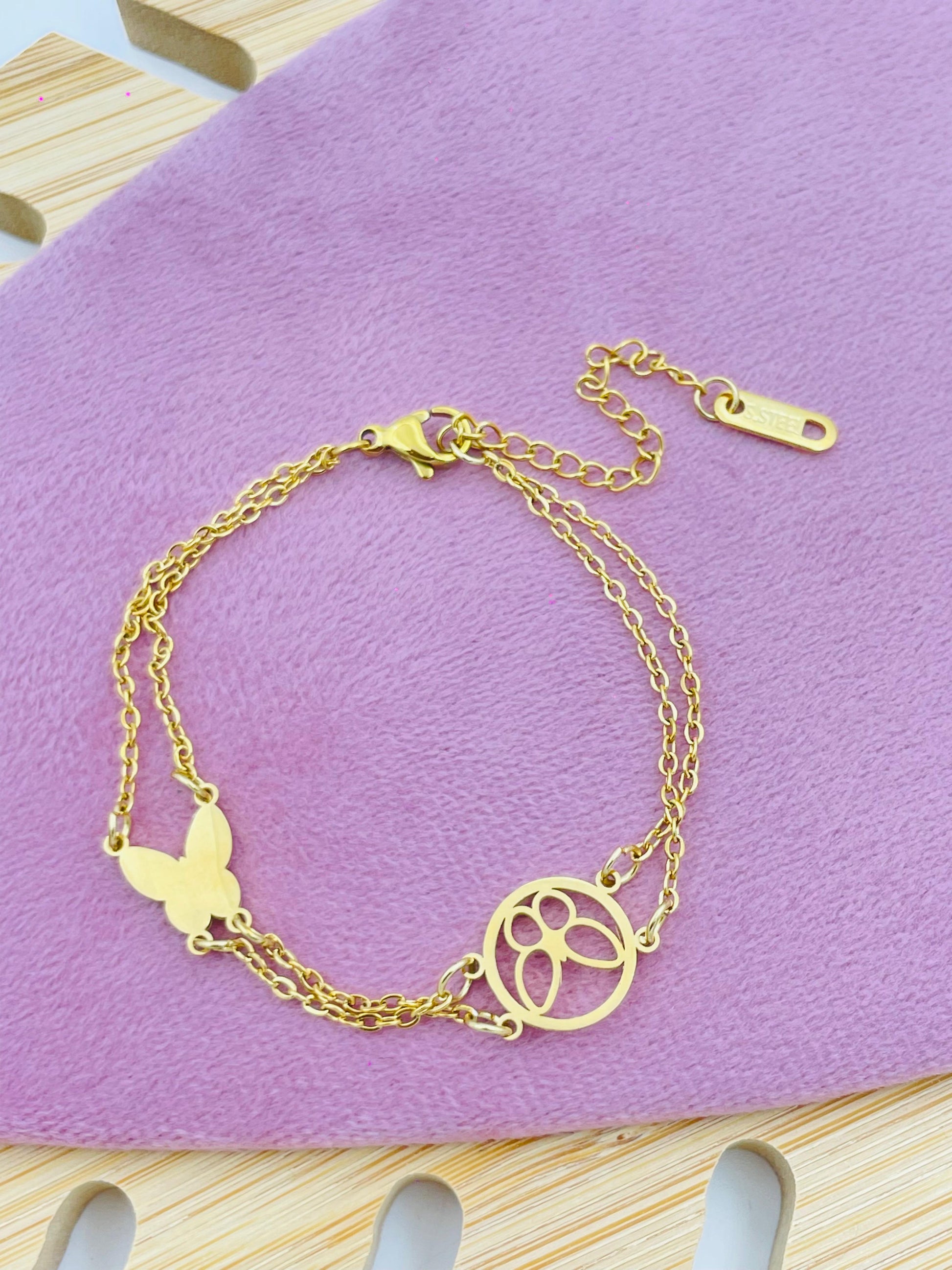 Gold Butterfly & Floral Charm Bracelet – Double Chain Minimalist Jewelry