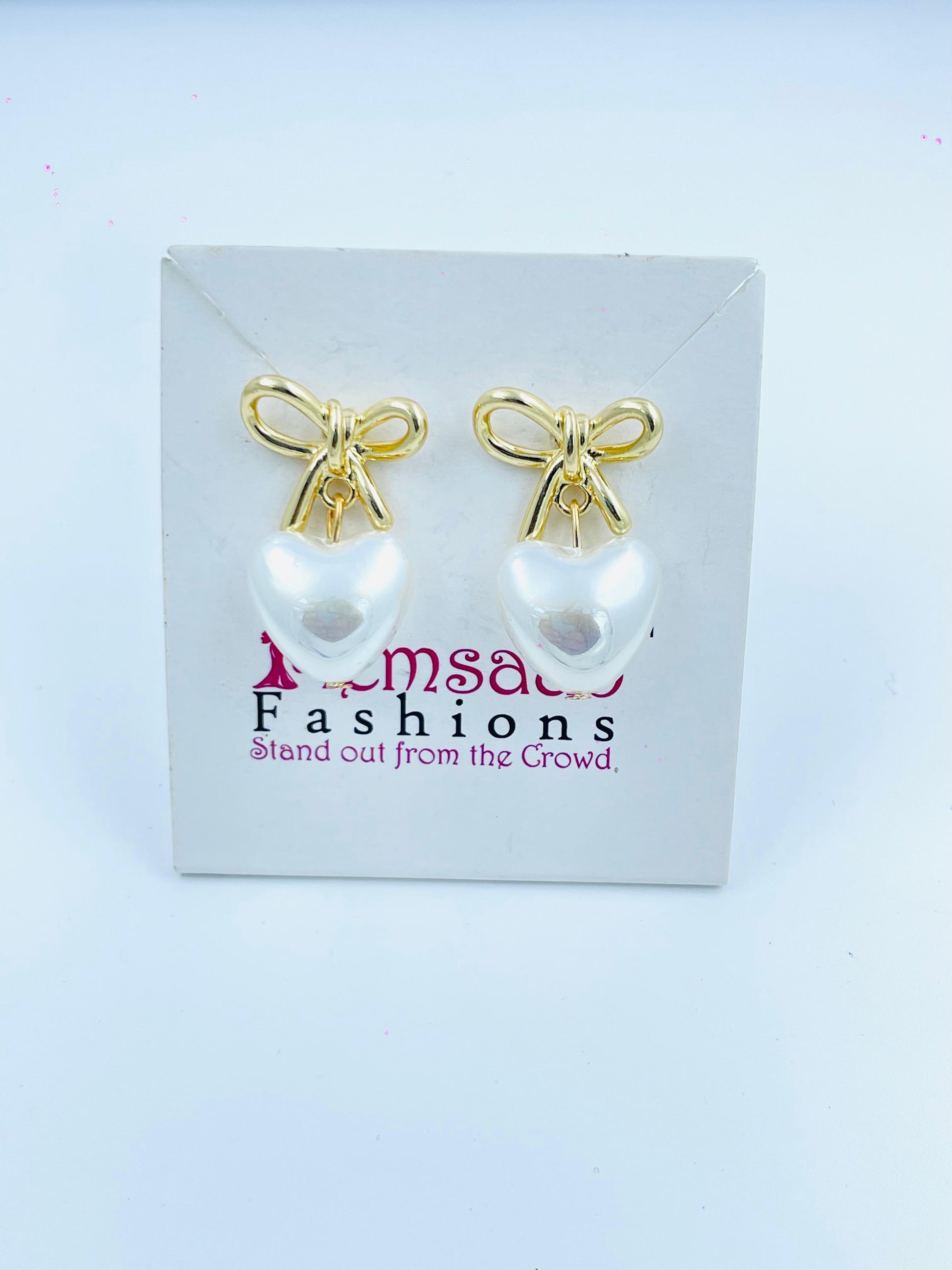Chic Gold Bow Pearl Heart Drop Earrings