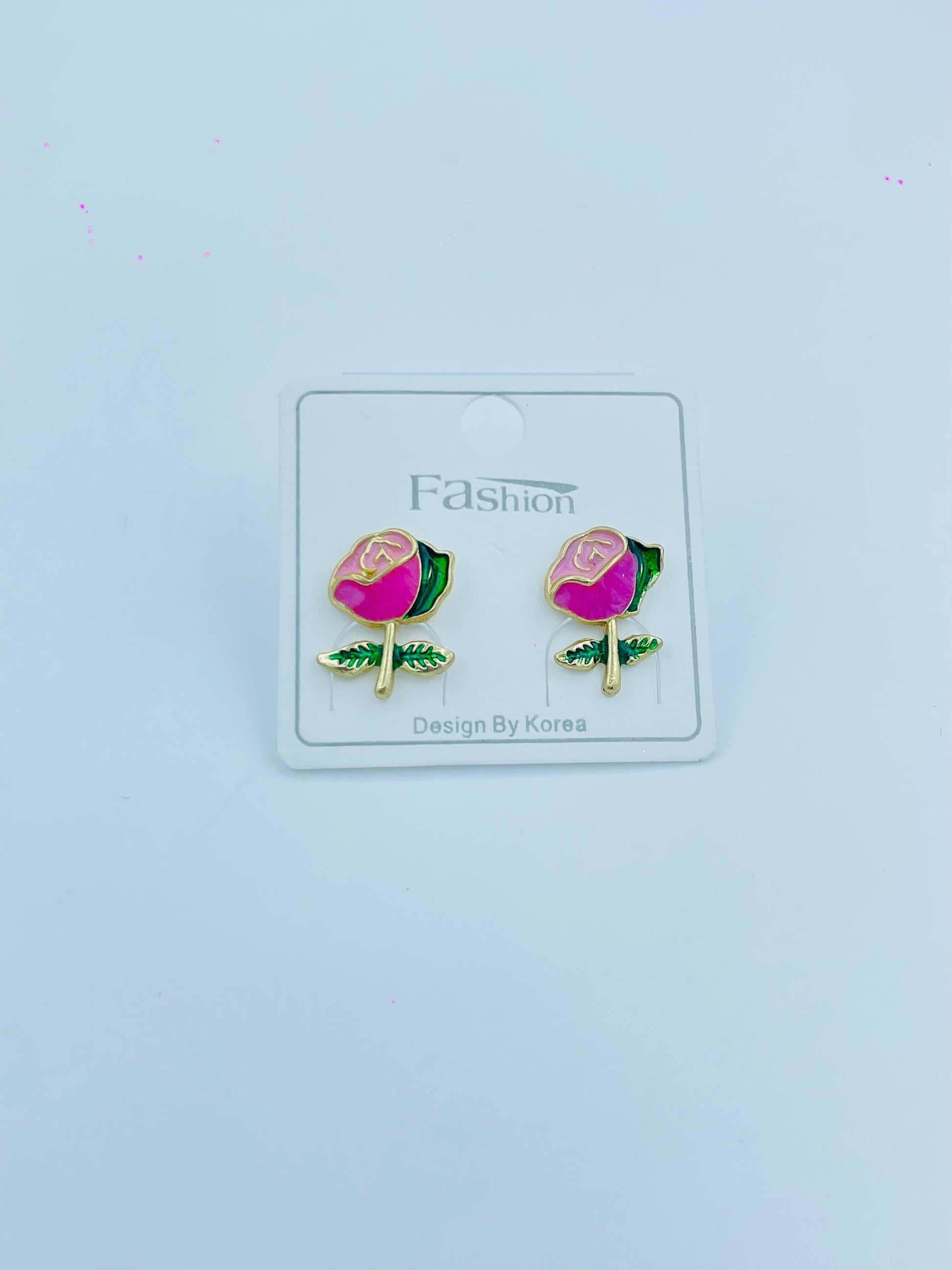 Cute Rose Flower Stud Earrings for Girls – Pink & Green Enamel Design