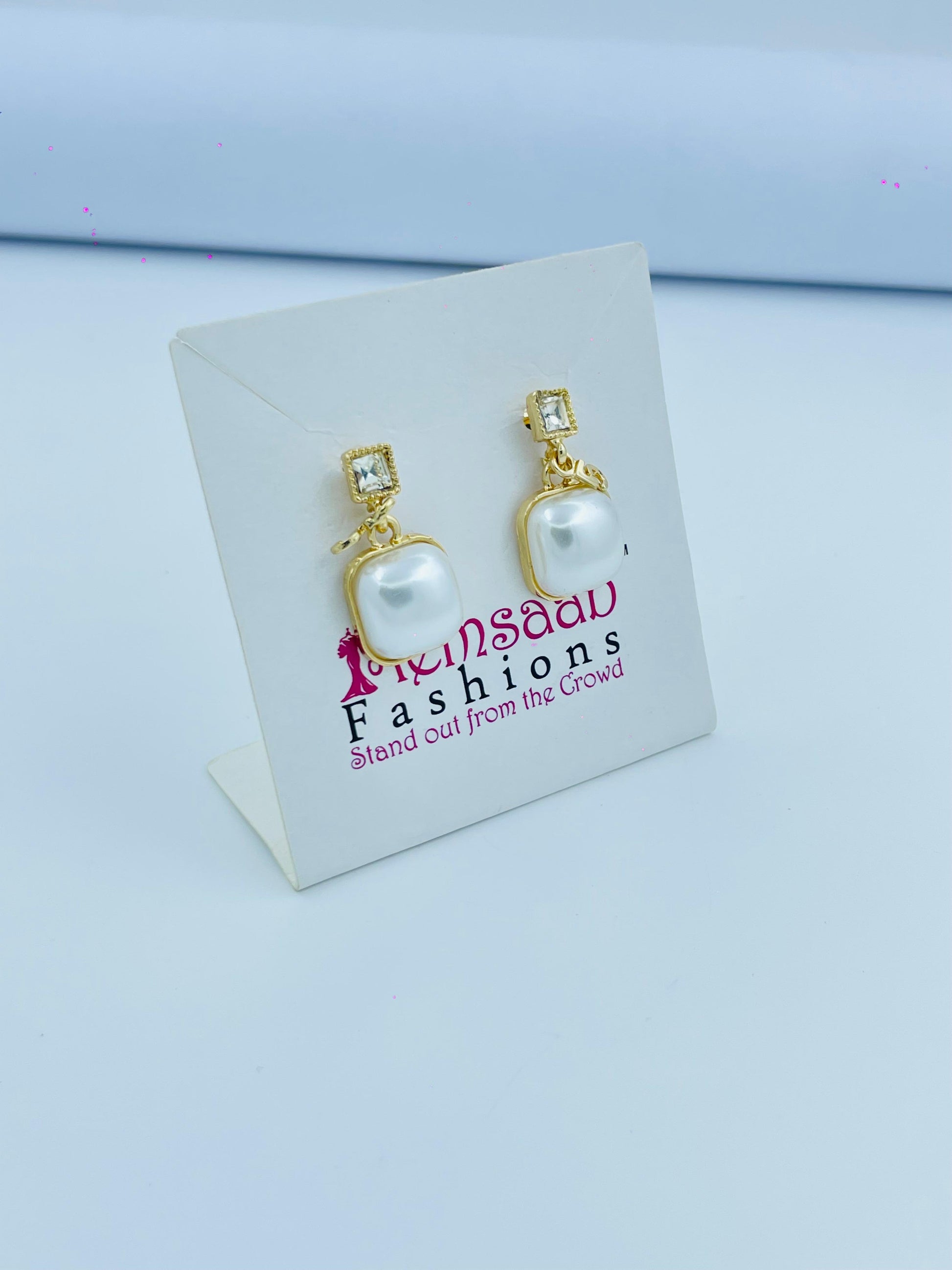 Elegant White Pearl Drop Earrings – Gold Plated Studs for Women & Girls