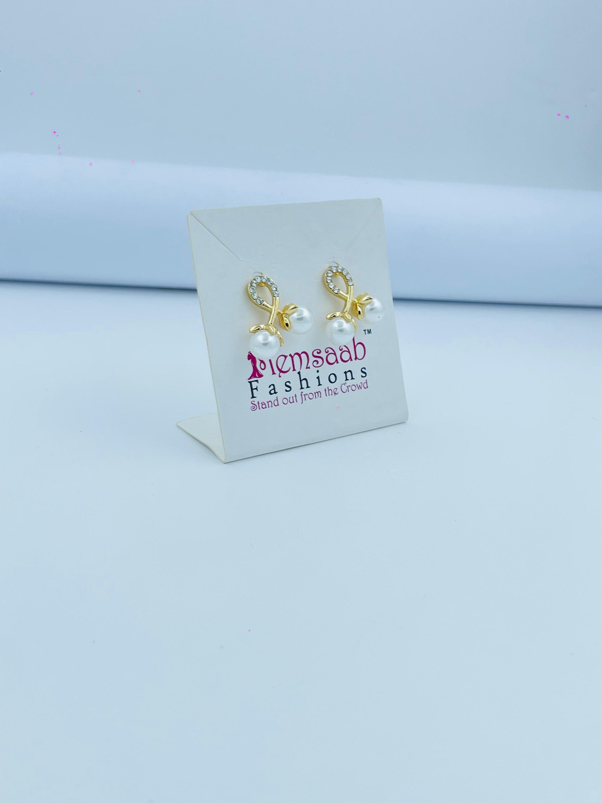 Gold-Toned Pearl Drop Earrings for Women – Delicate Bow Design with Crystals