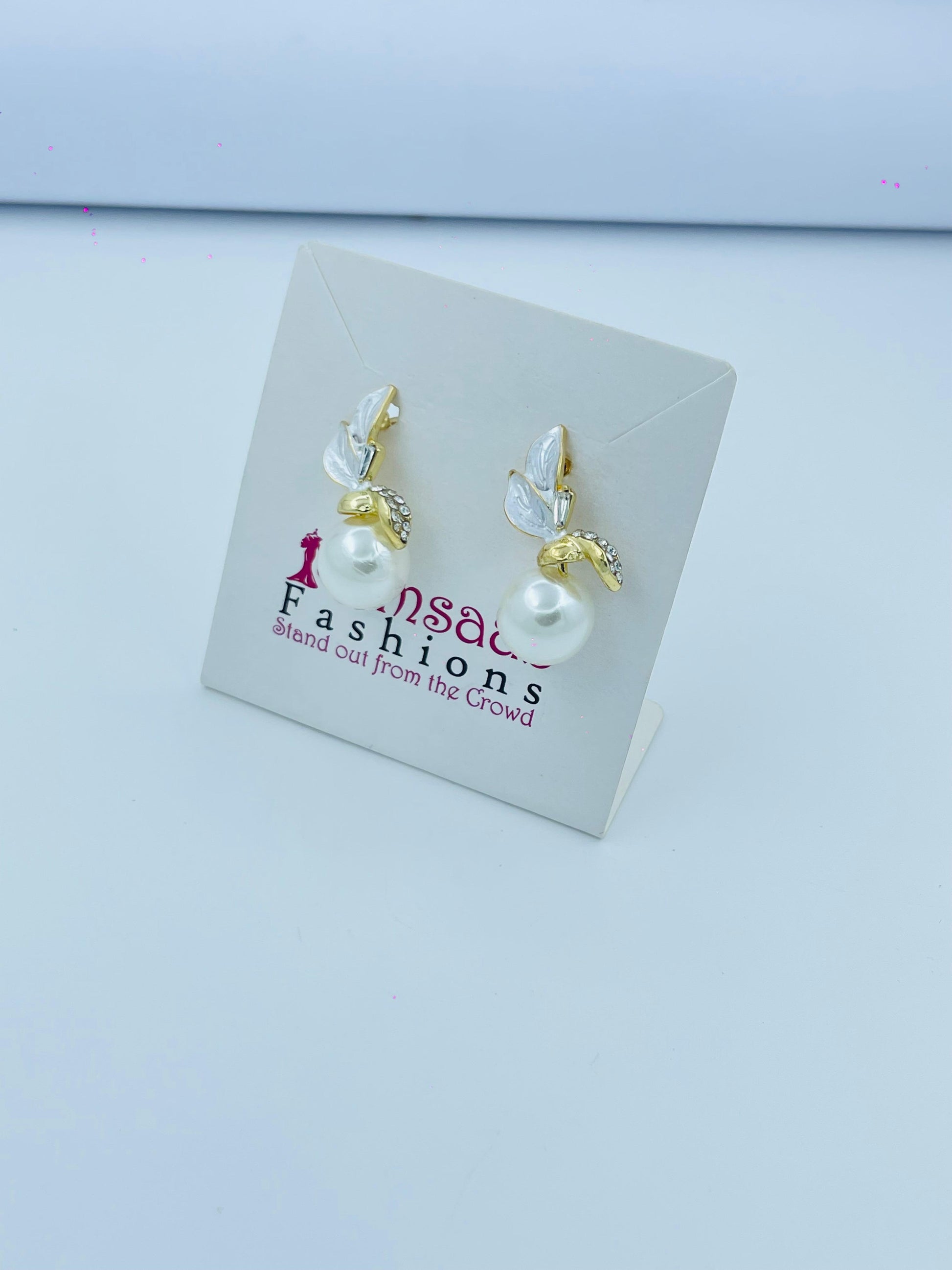 Elegant Pearl Leaf Drop Earrings for Women – Gold & White Enamel Design