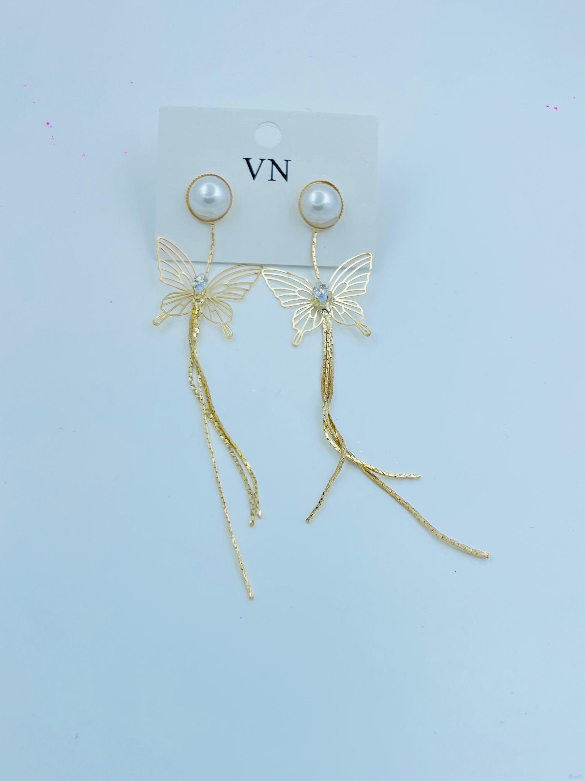Gold Butterfly Pearl Stud Long Chain Earrings – Elegant Party Wear for Women & Girls