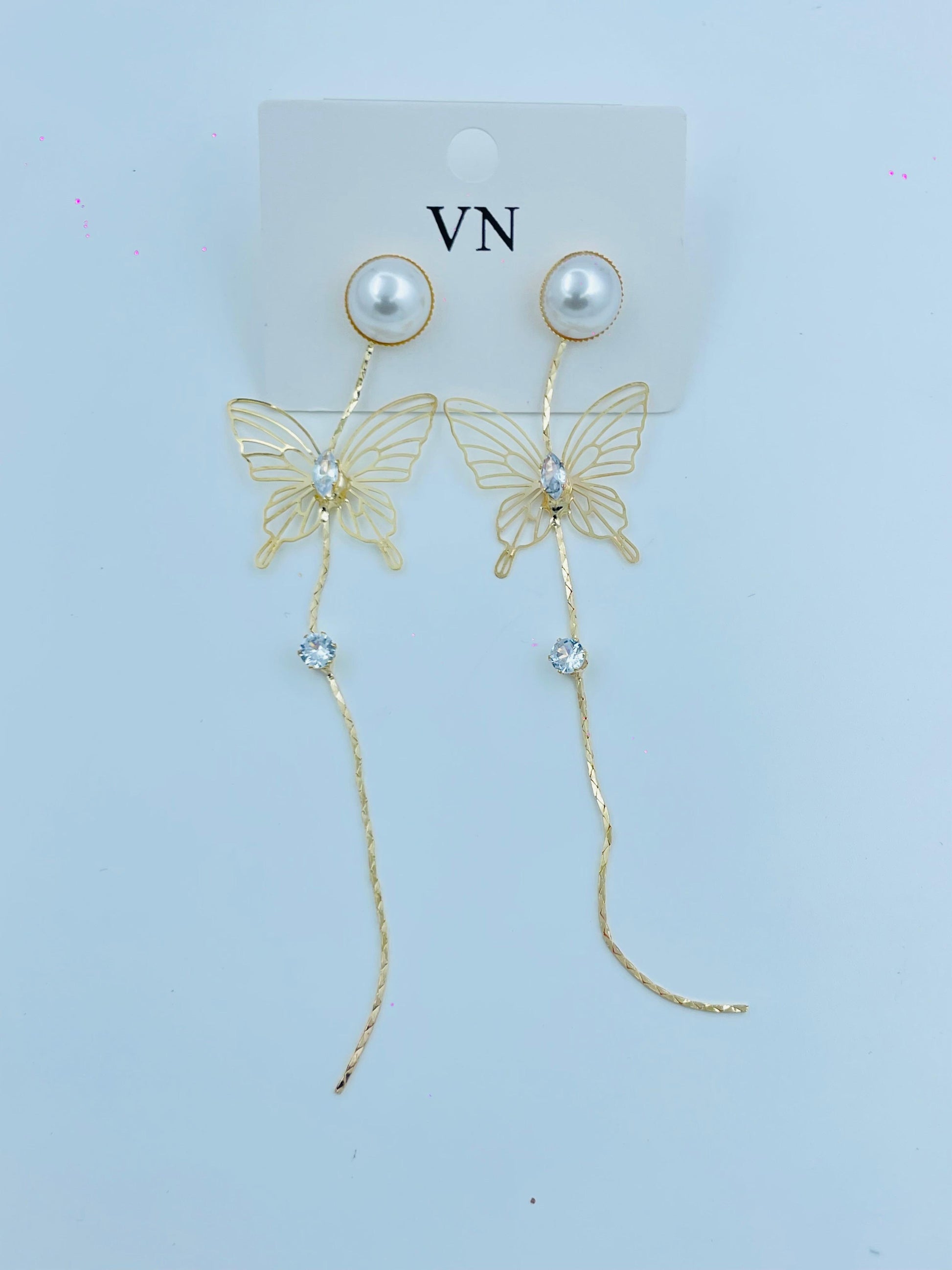 Gold Butterfly Dangle Earrings with Pearl Studs & Crystal Chain – Elegant Long Earrings for Women