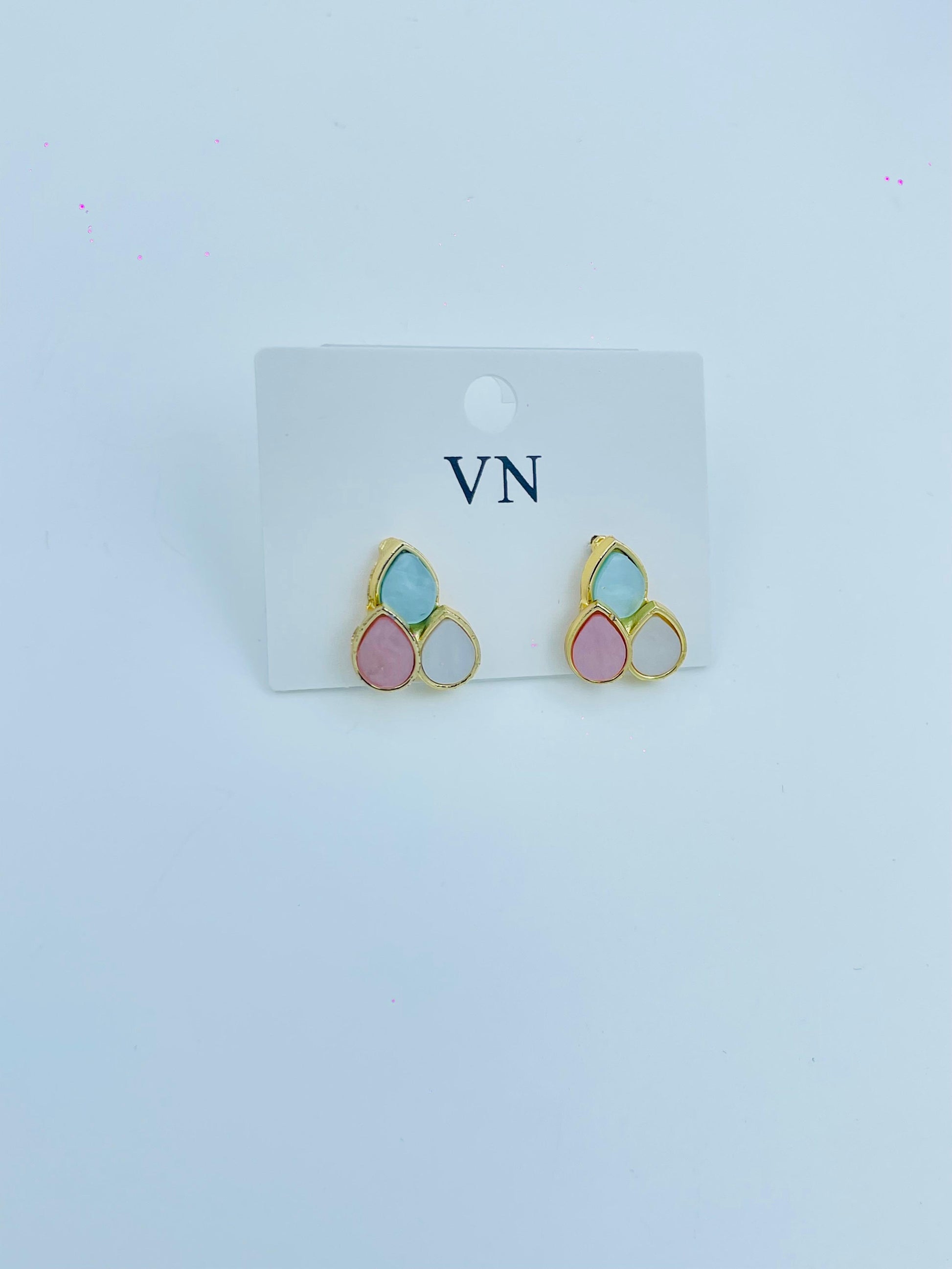 Pastel Teardrop Stud Earrings – Triple Color Enamel with Gold Finish