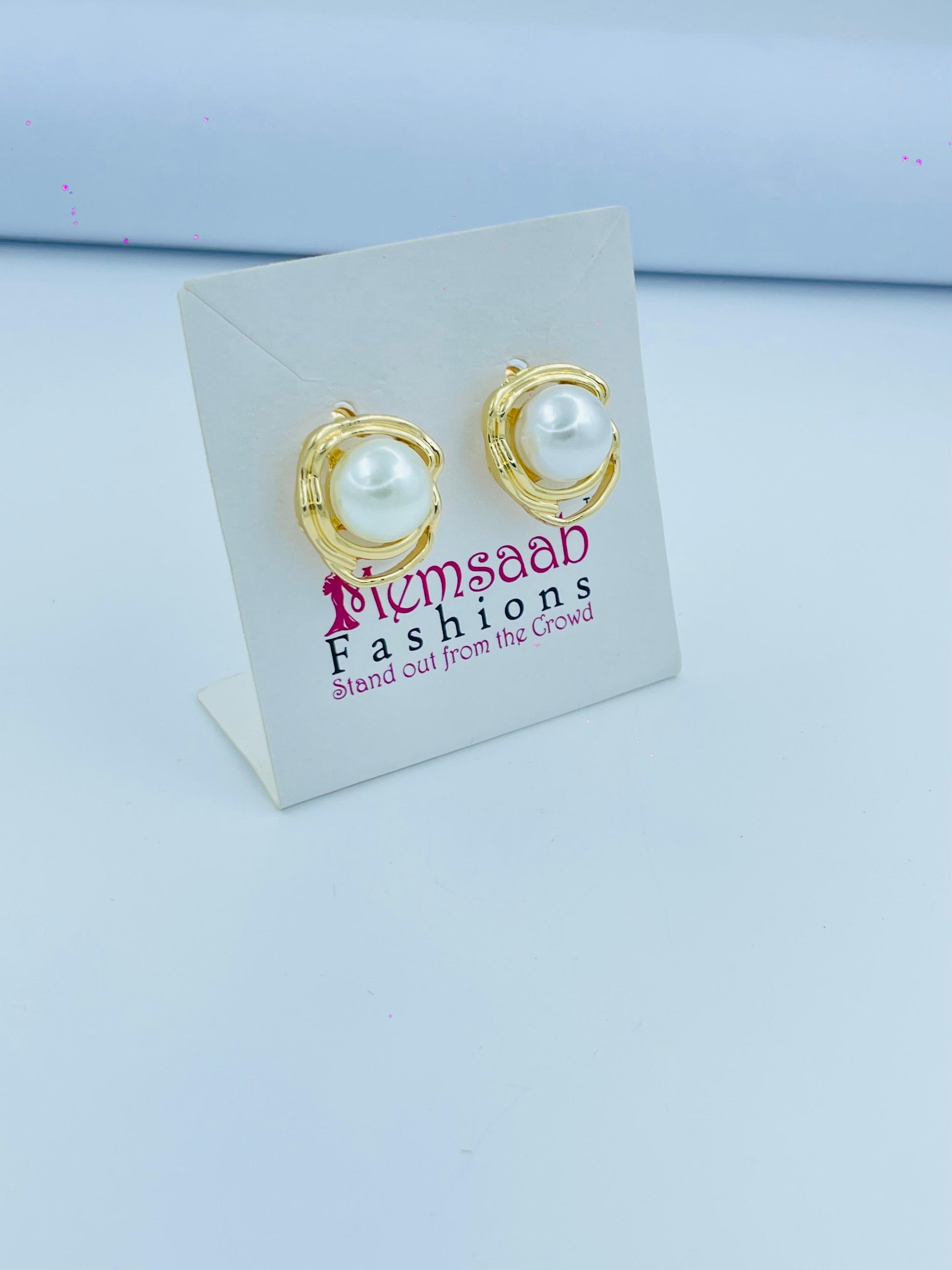 Classic Pearl Stud Earrings with Gold-Plated Frame