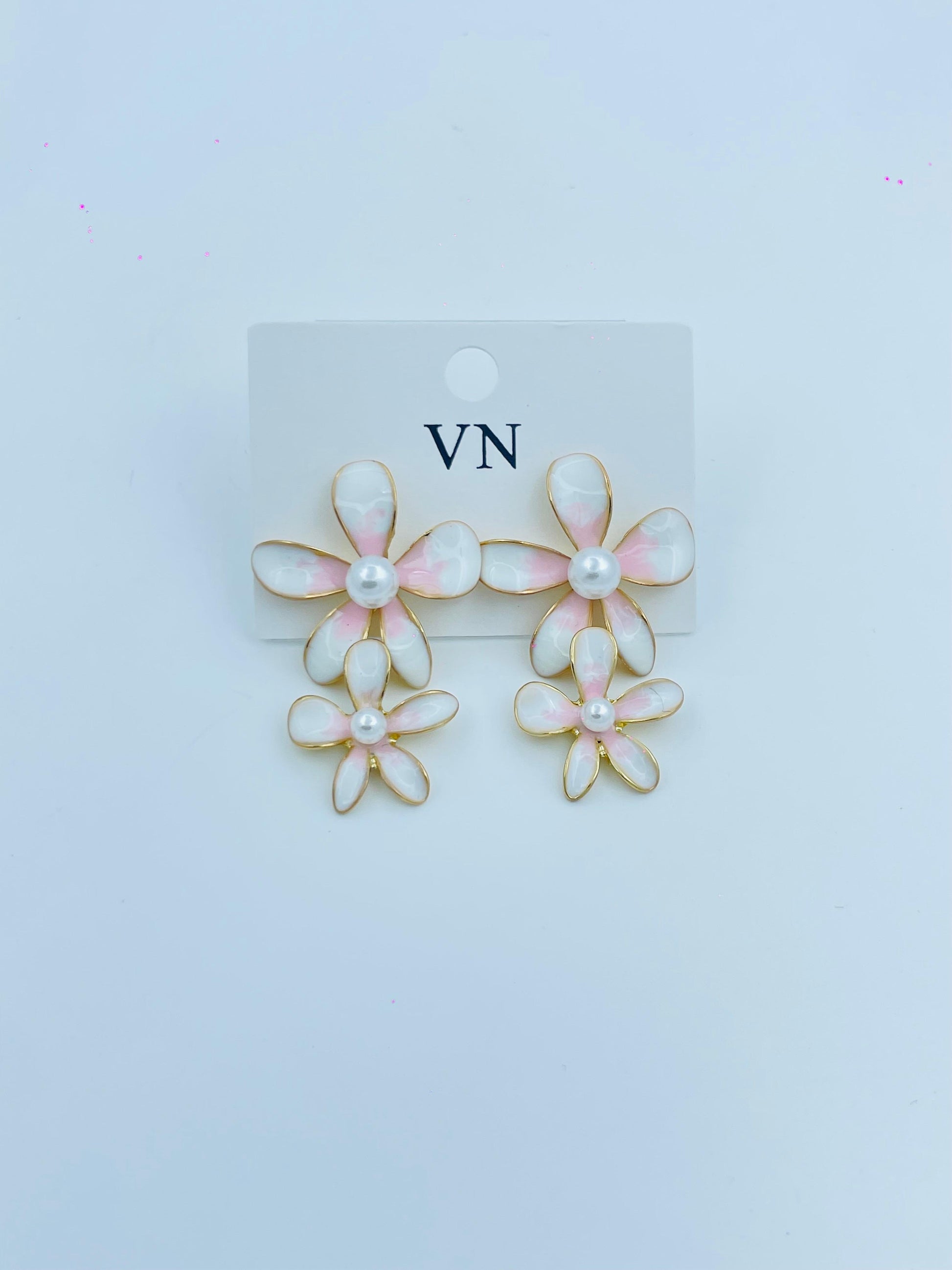 Elegant Dual Flower Drop Earrings – Pink & White Pearl Studded Design