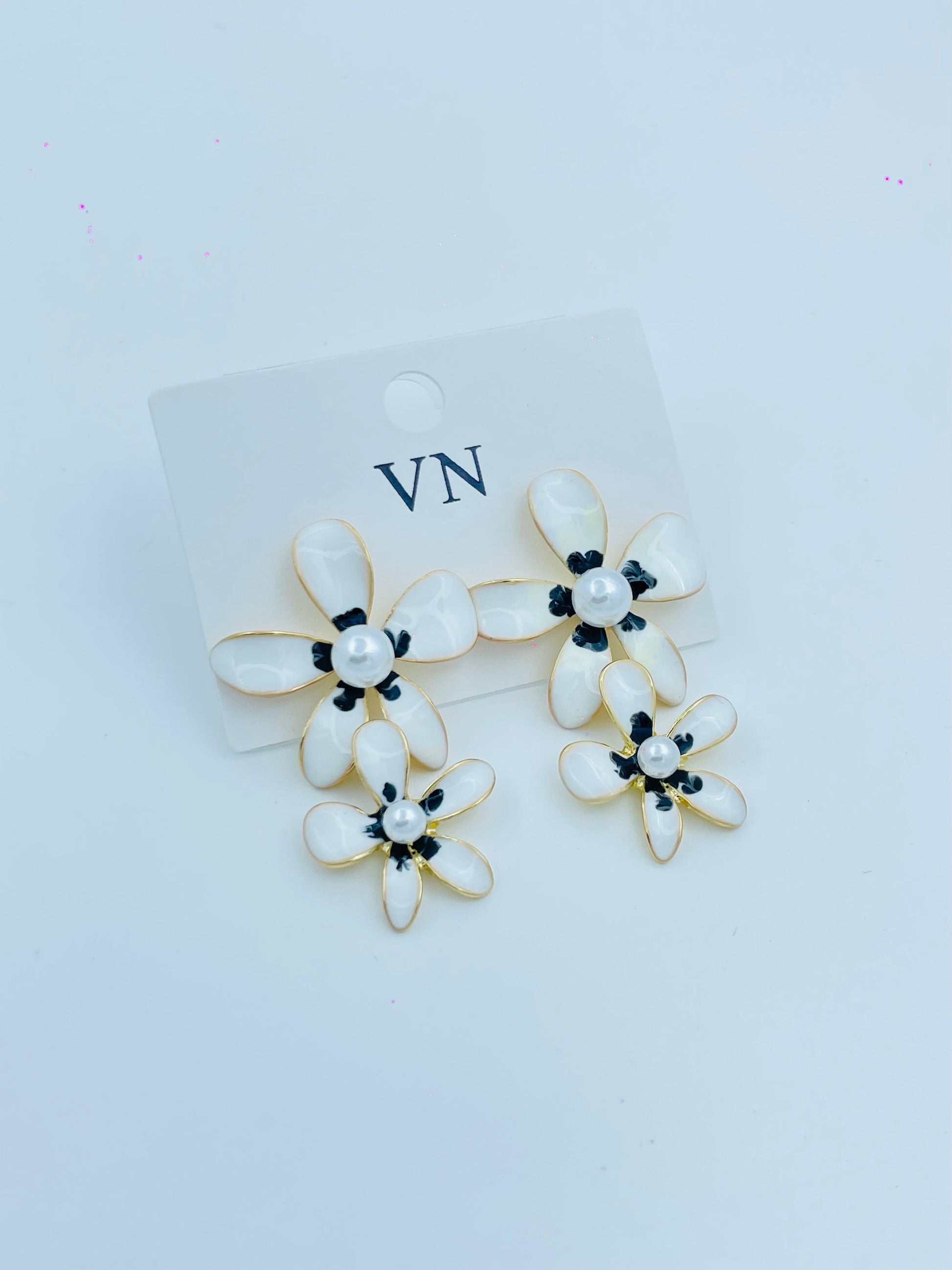 White Double Flower Drop Earrings with Pearl Center – Chic & Stylish