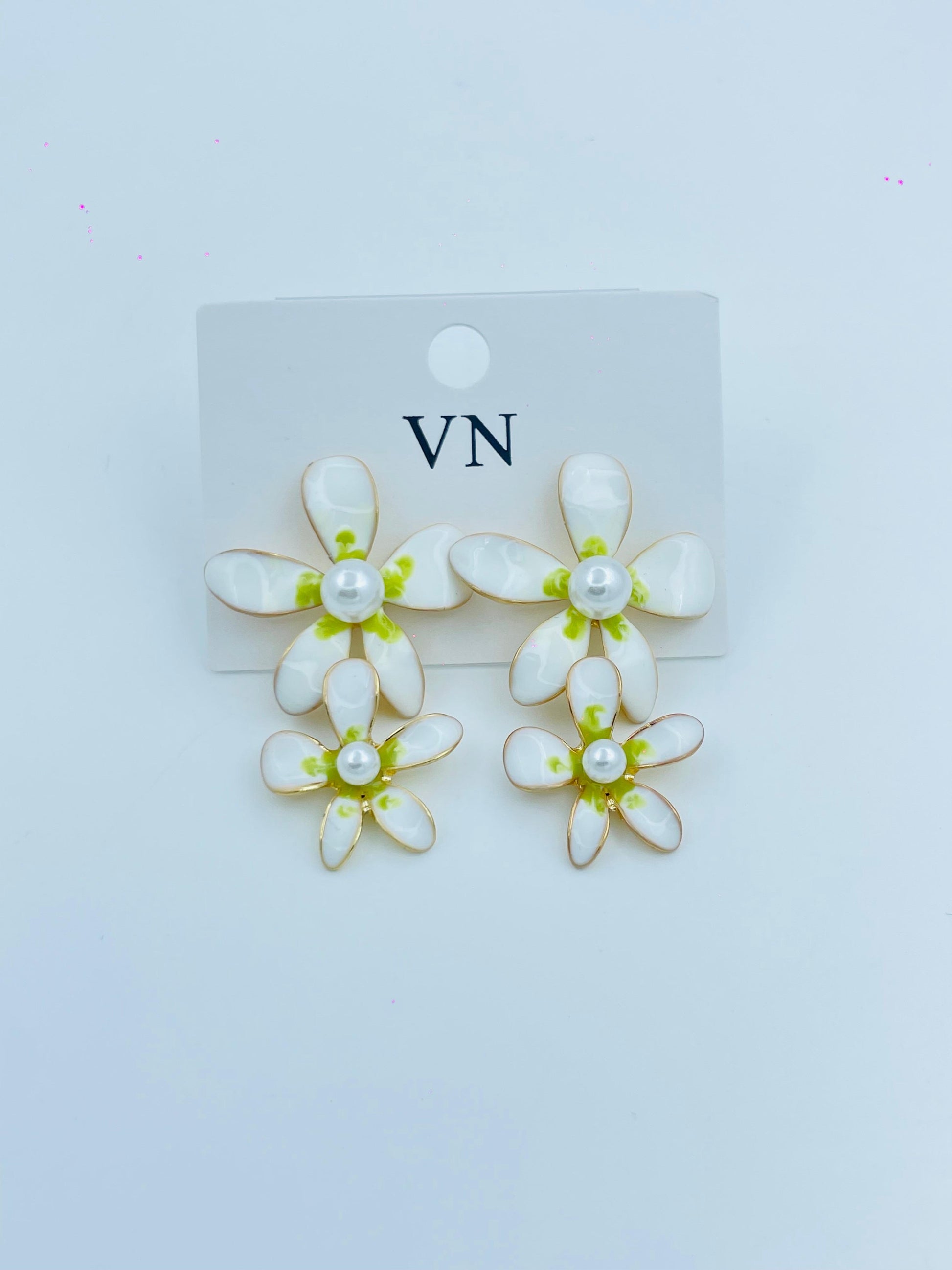 Double Floral Pearl Drop Earrings – White & Green Enamel Finish