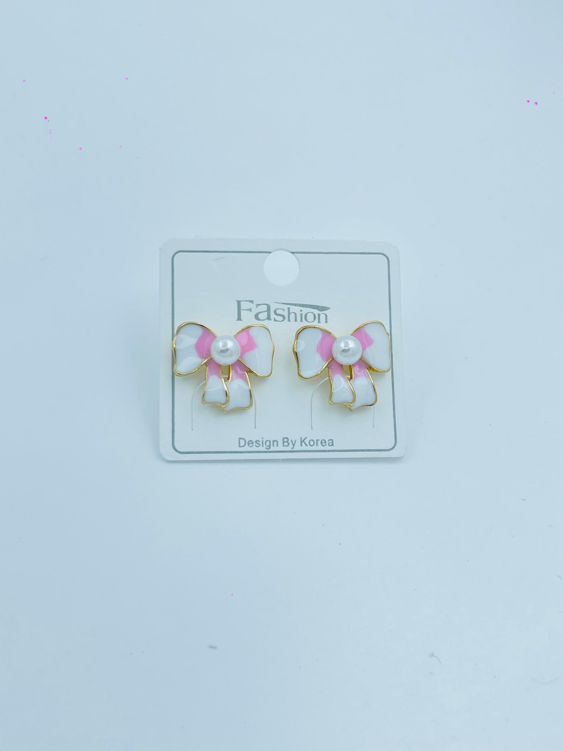 Pink & White Bow Pearl Stud Earrings – Korean Cute Design for Women & Girls
