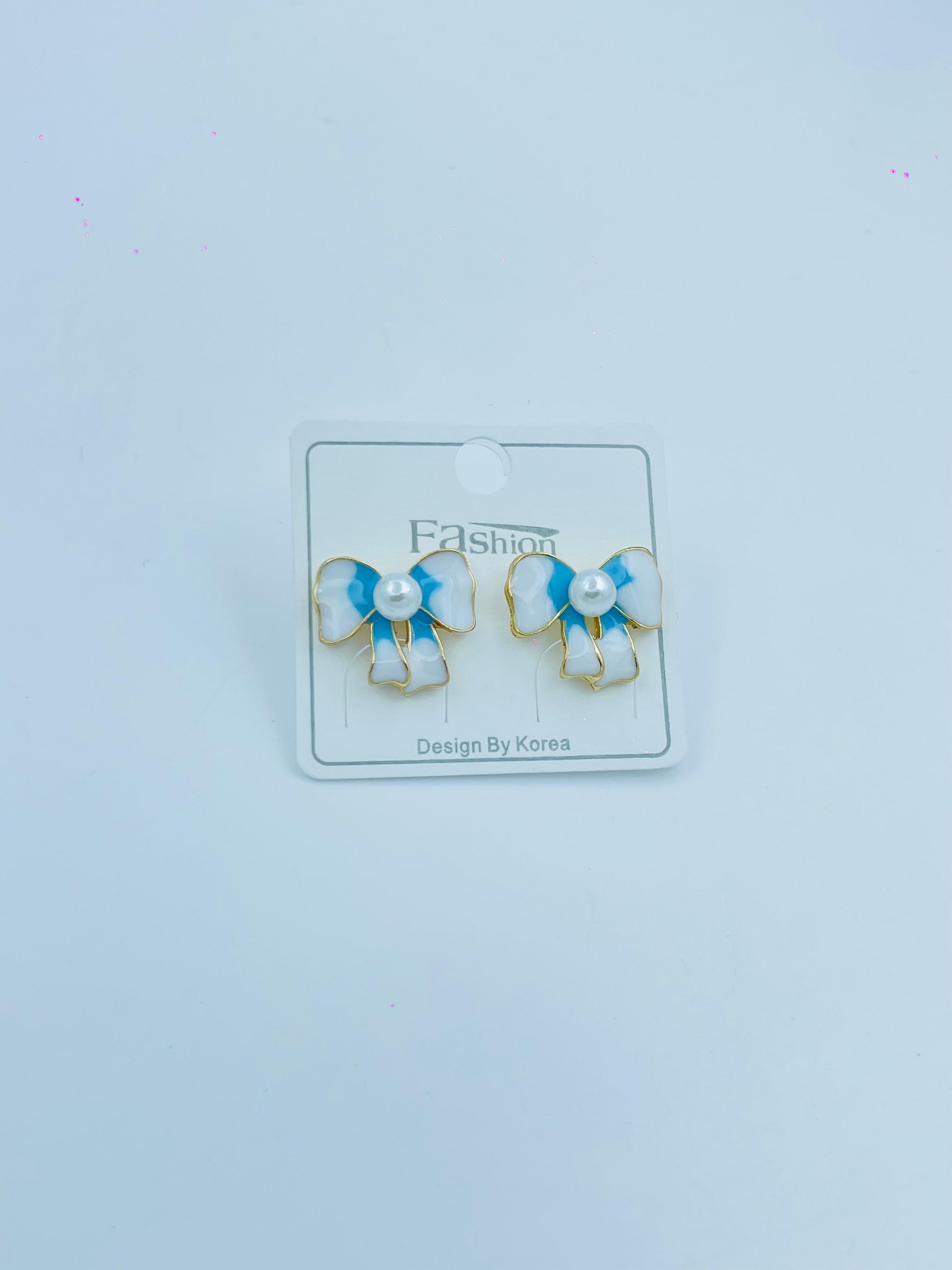Blue & White Bow Pearl Stud Earrings – Cute Korean Style for Women & Girls