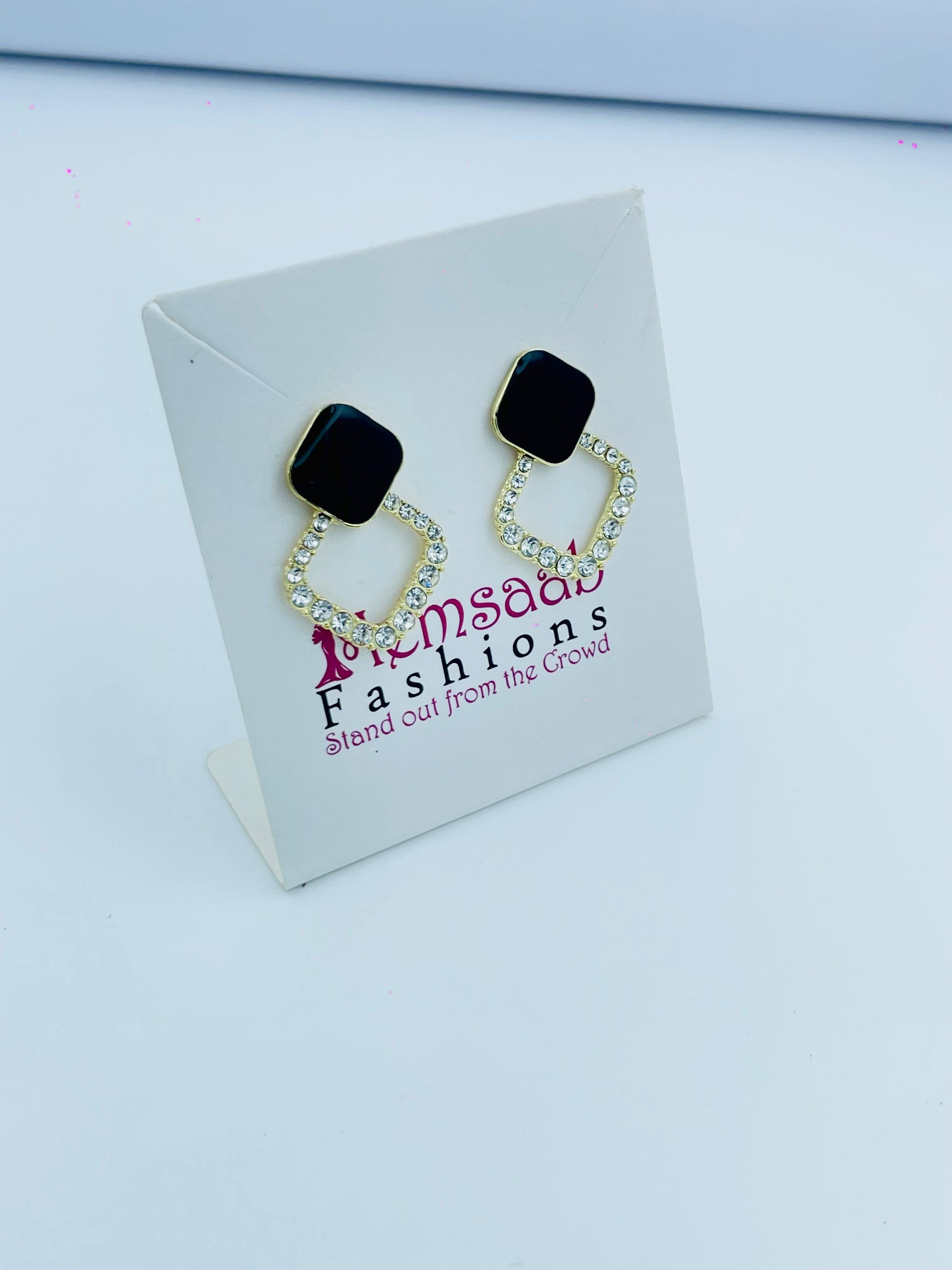 Black and Crystal Geometric Dangle Earrings for Women