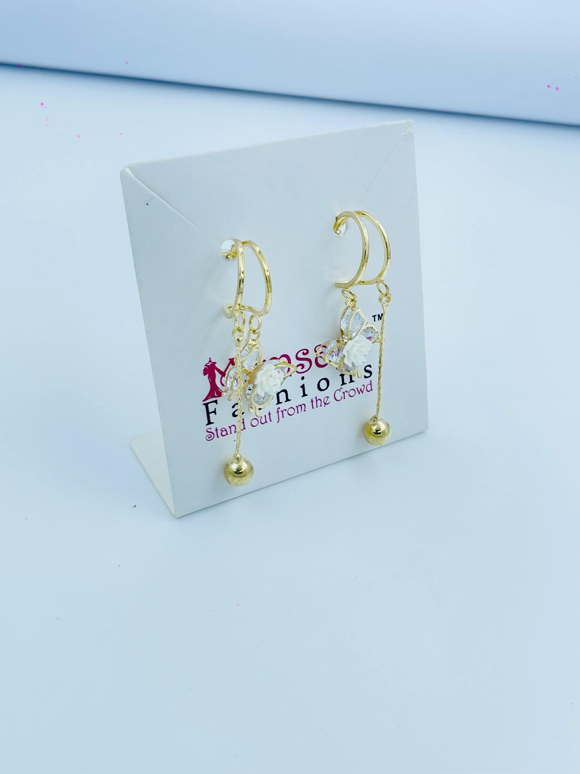 Floral Gold Dangle Earrings with Pearl and Drop Charm