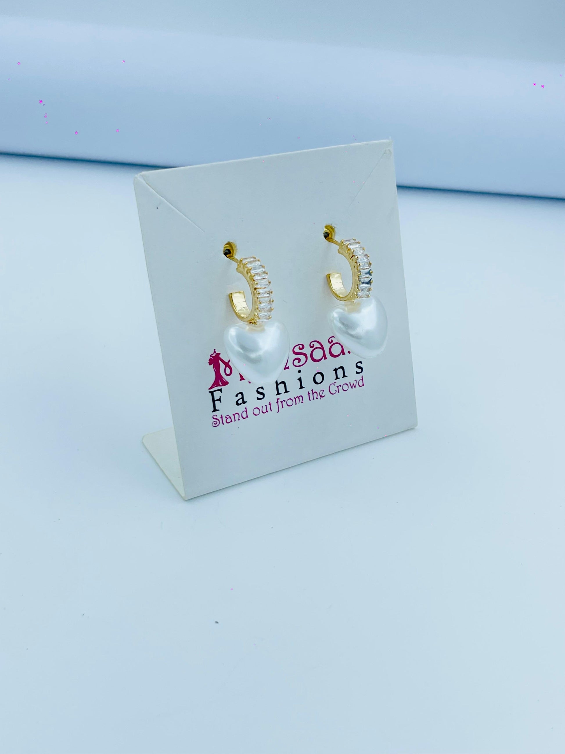 Gold Hoop Earrings with White Heart Pearl Drops