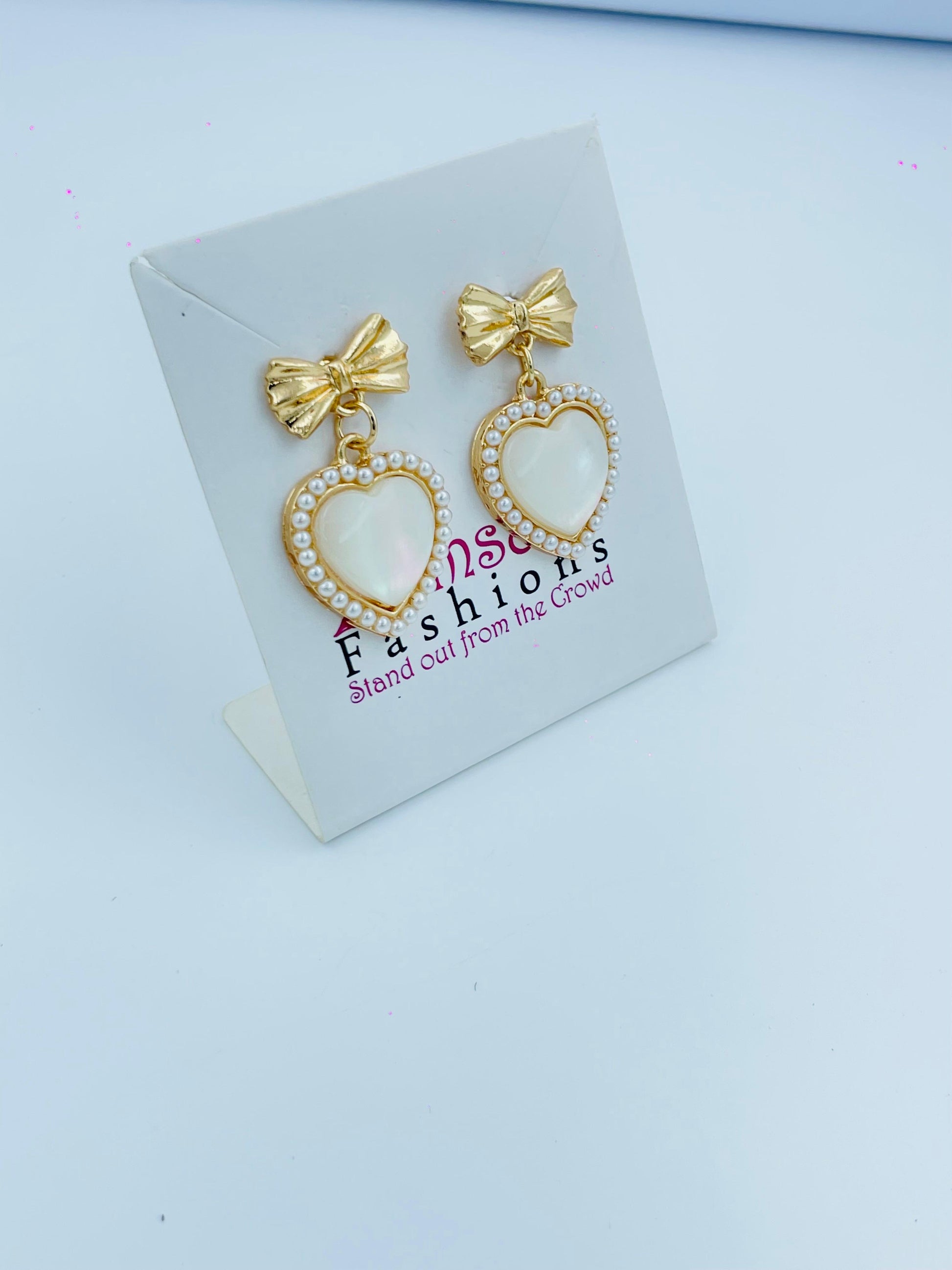 Gold Heart Drop Earrings with Bow Design for Women