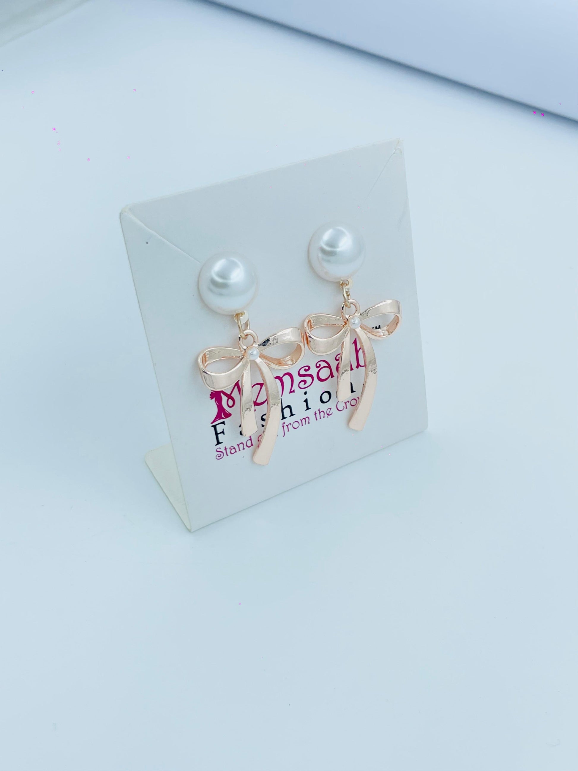 Elegant Pearl Stud Earrings with Rose Gold Bow Drop