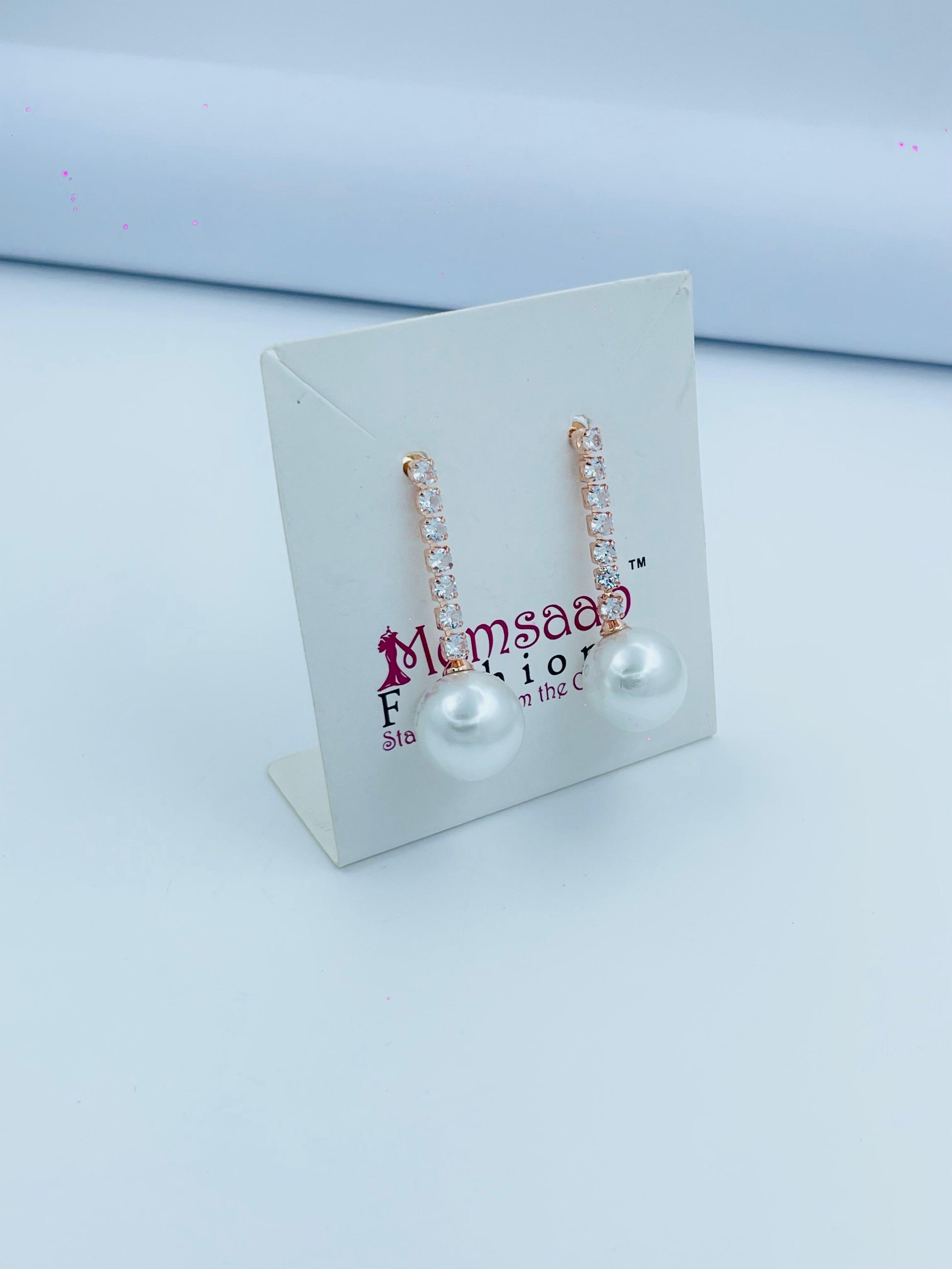 Rose Gold Crystal Drop Earrings with Pearl Charm