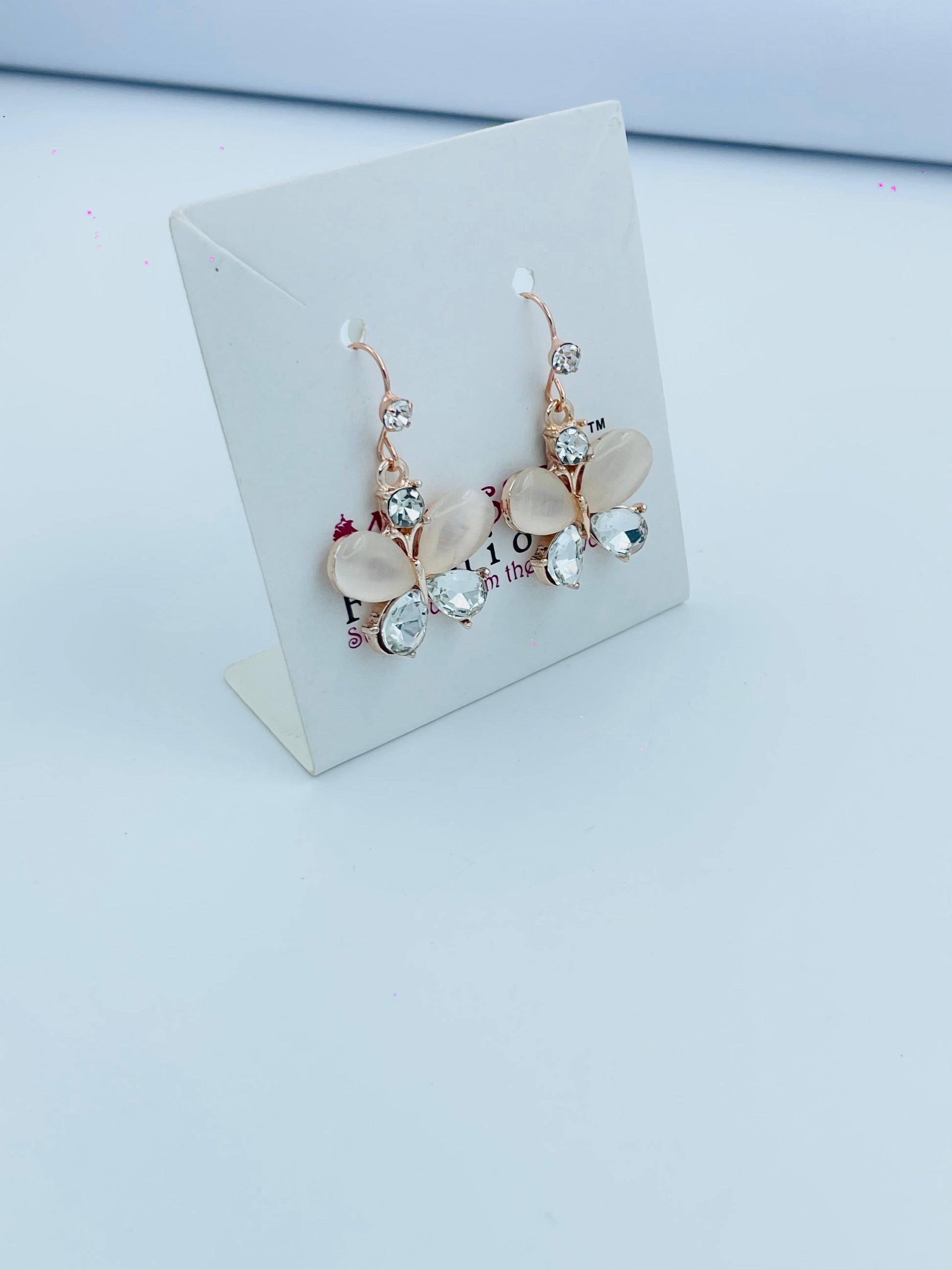 Rose Gold Butterfly Dangle Earrings with Crystal Accents