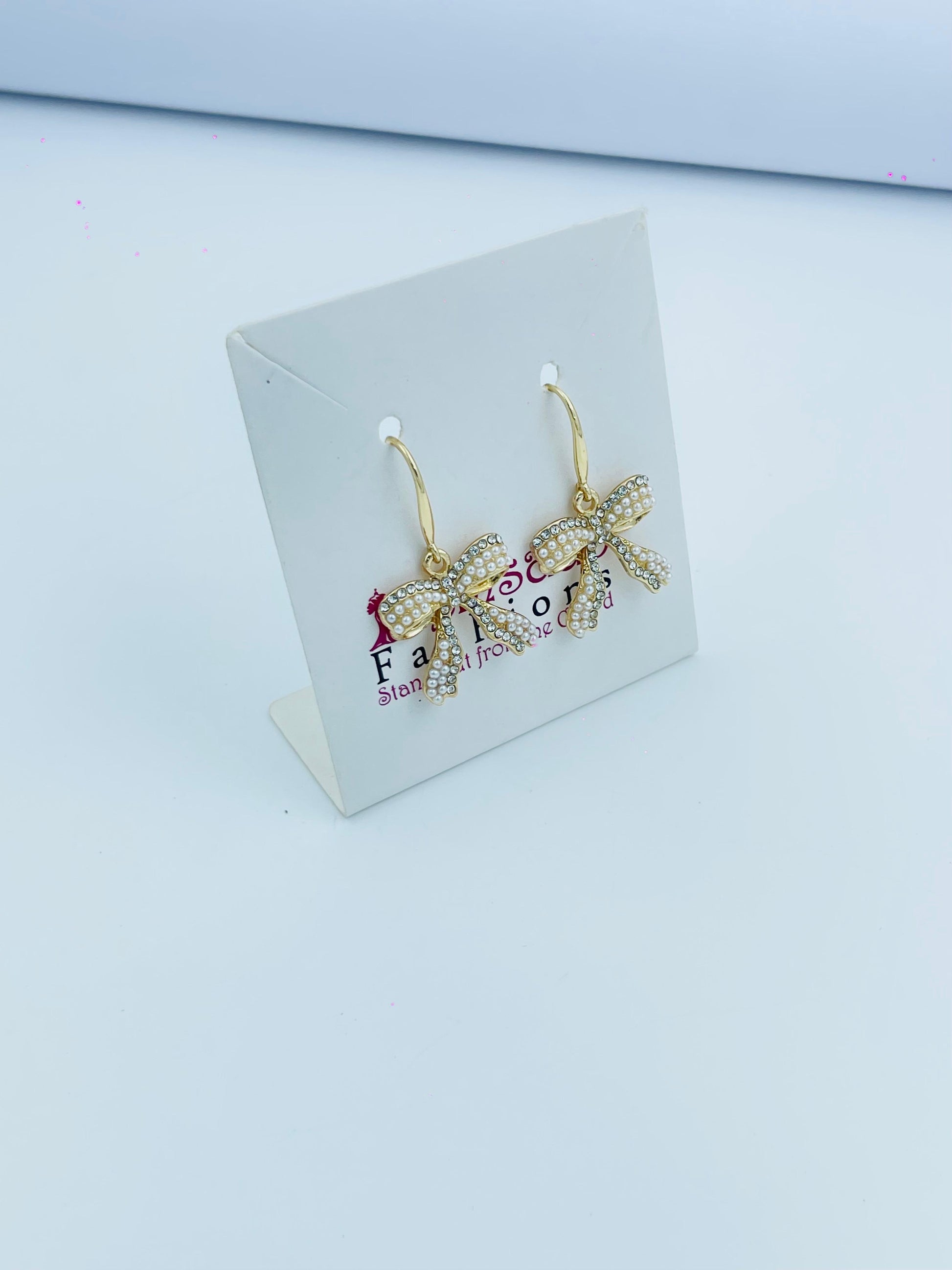 Gold Bow Dangle Earrings with Crystal Accents for Women