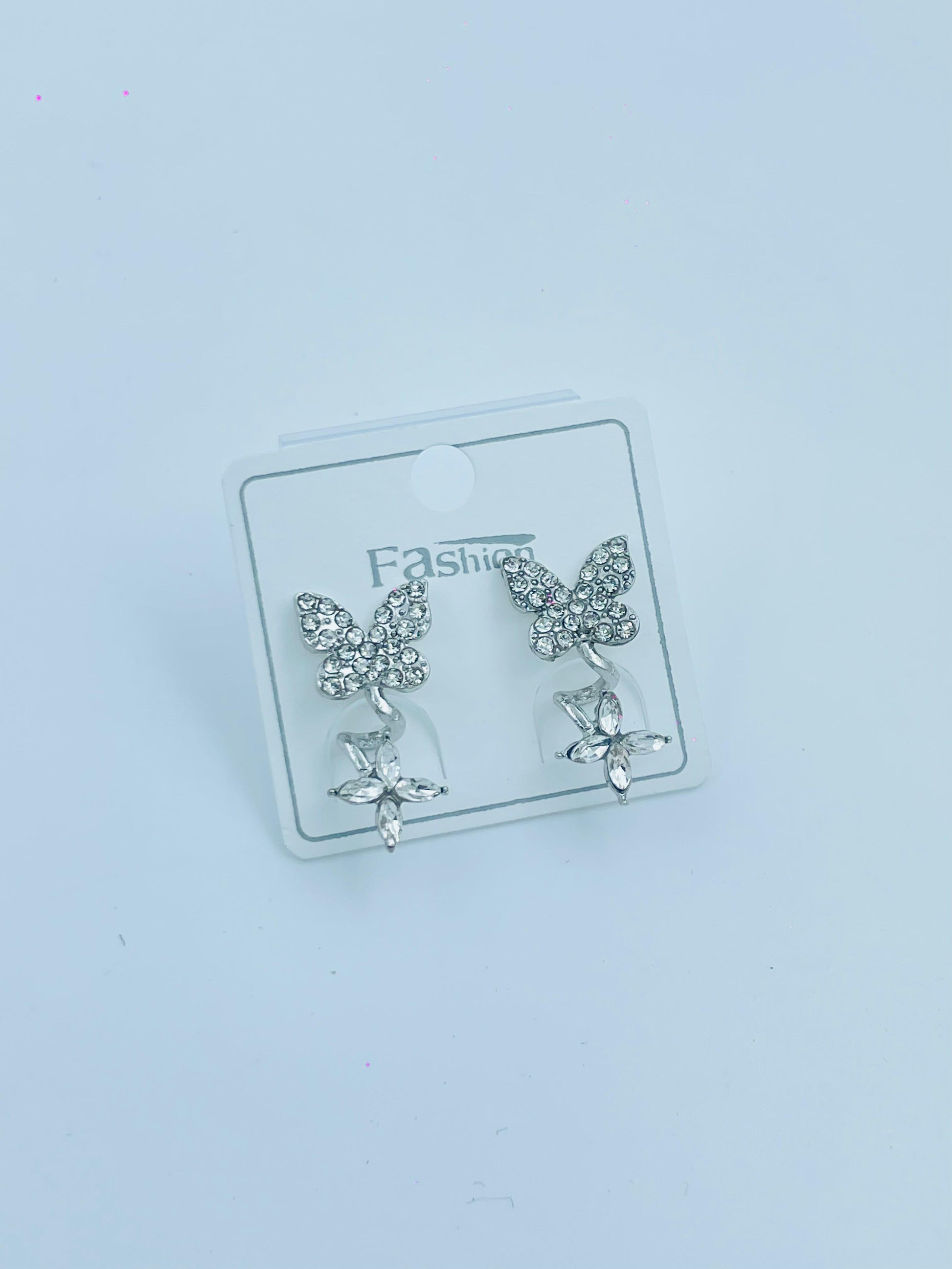 Silver Butterfly & Crystal Flower Drop Earrings – Elegant Sparkle Jewelry