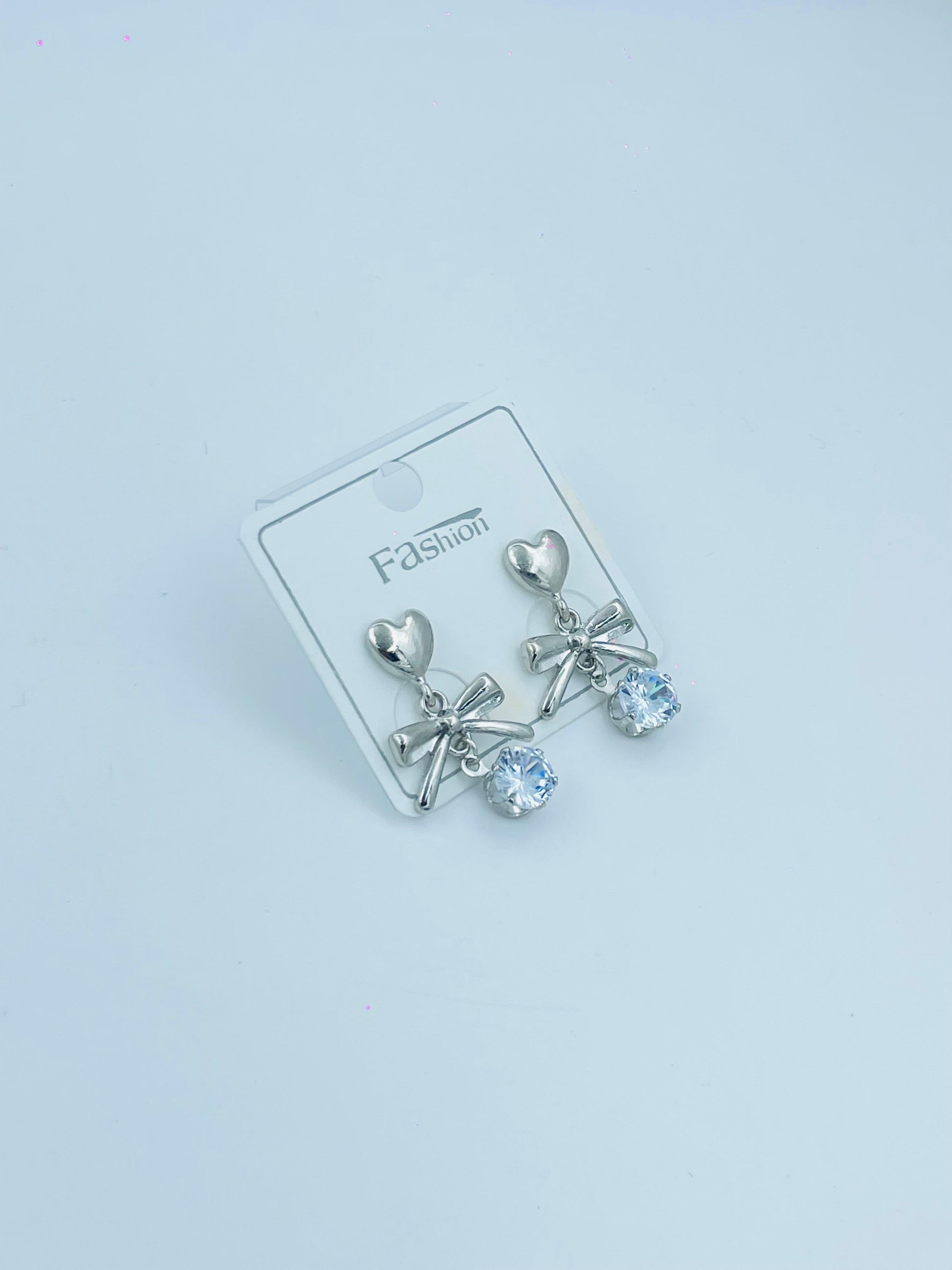 Silver Heart & Bow Crystal Drop Earrings – Cute & Elegant
