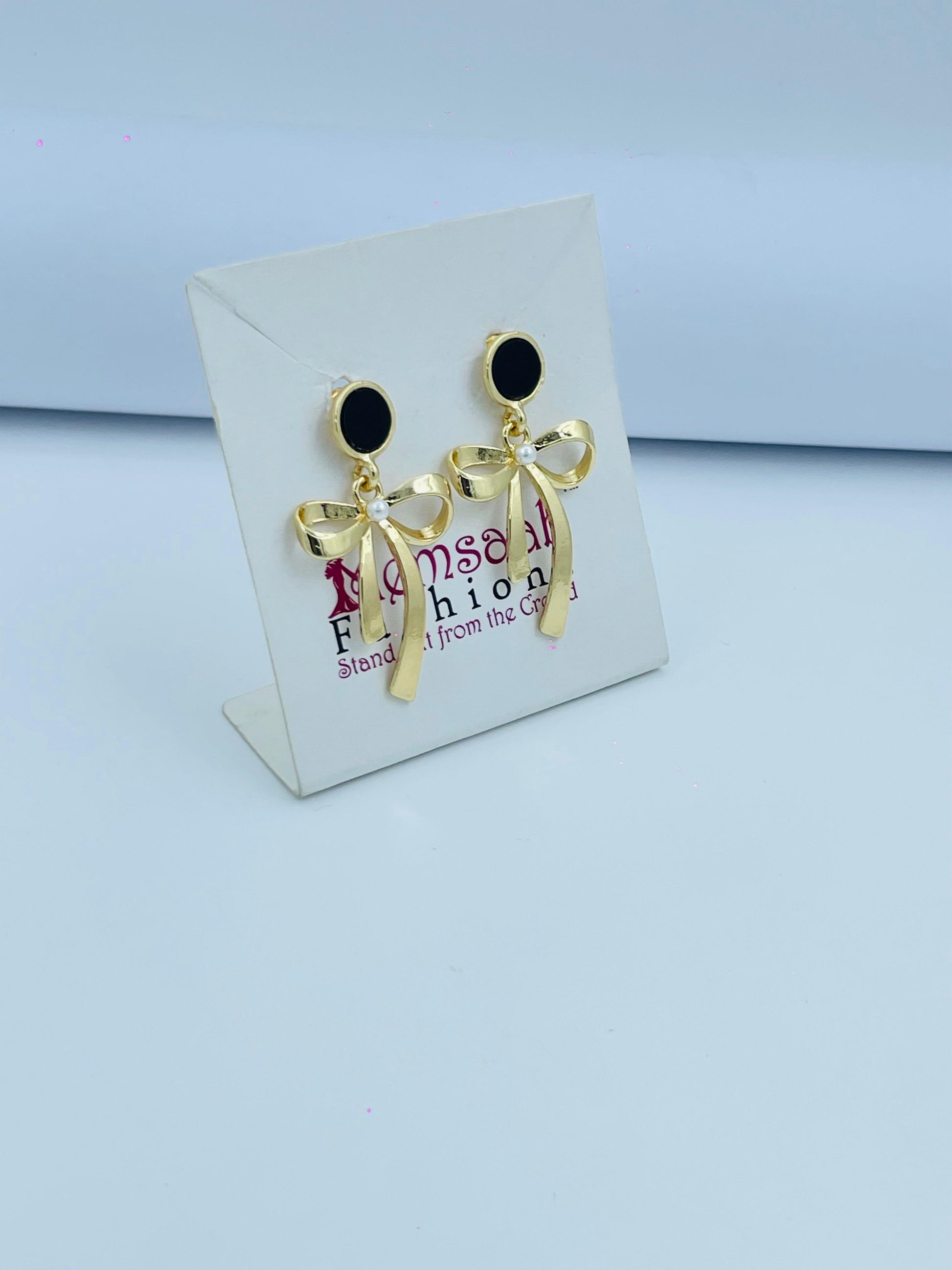 Elegant Gold Bow Drop Earrings with Black Studs – Multiple Shapes