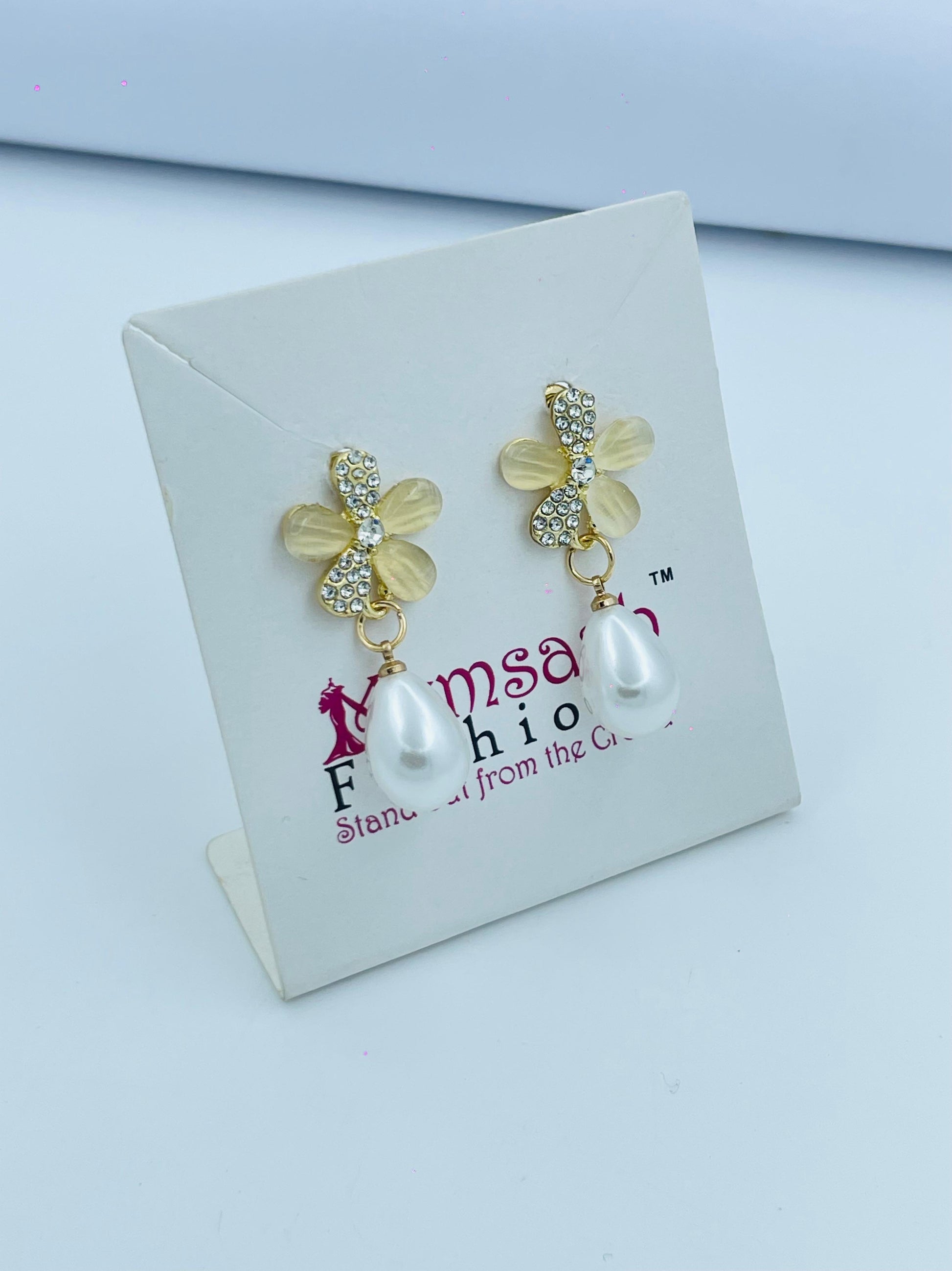 Elegant Crystal Flower Earrings with Teardrop Pearl Danglers