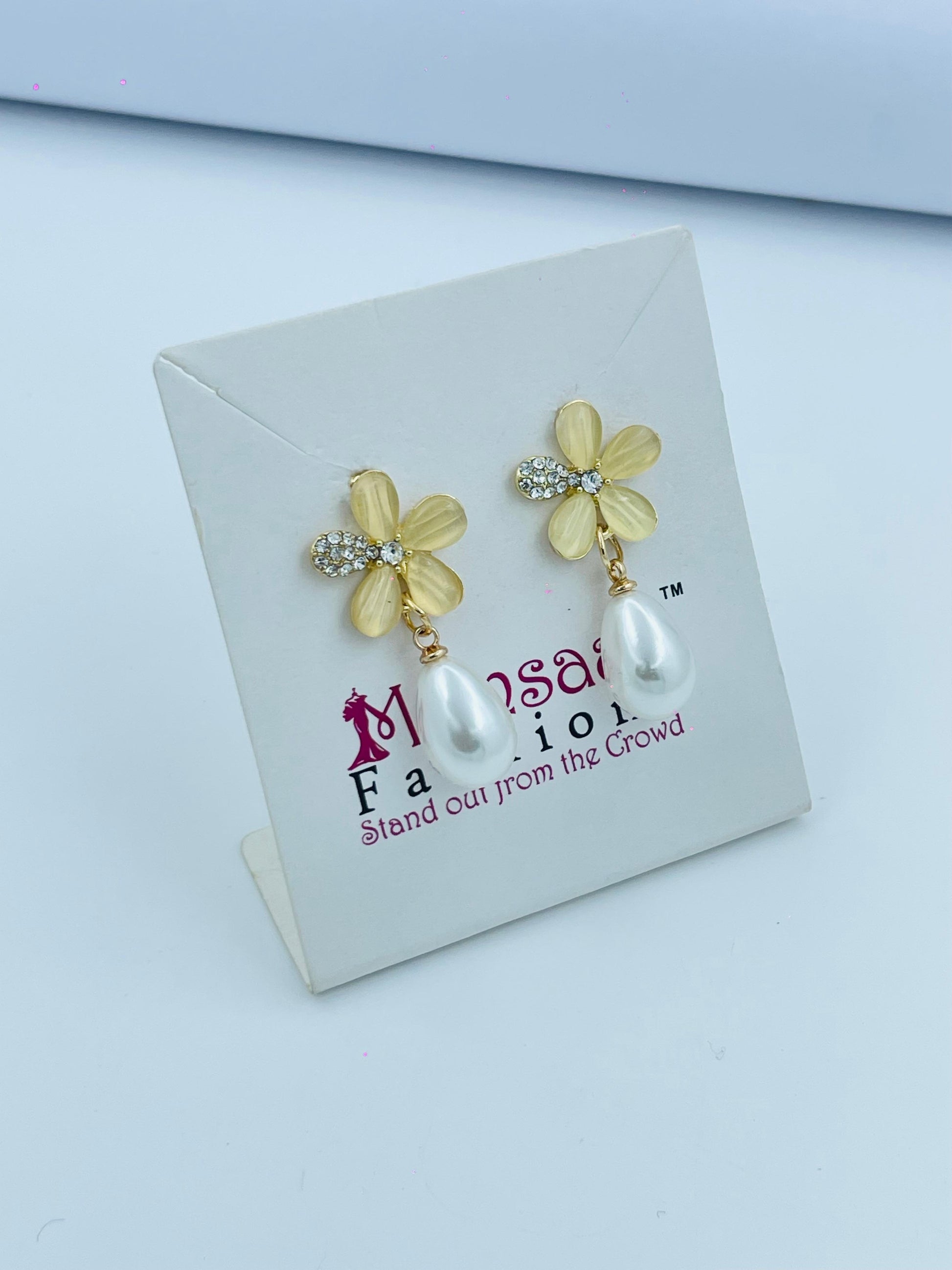 Elegant Crystal Flower Earrings with Teardrop Pearl Danglers