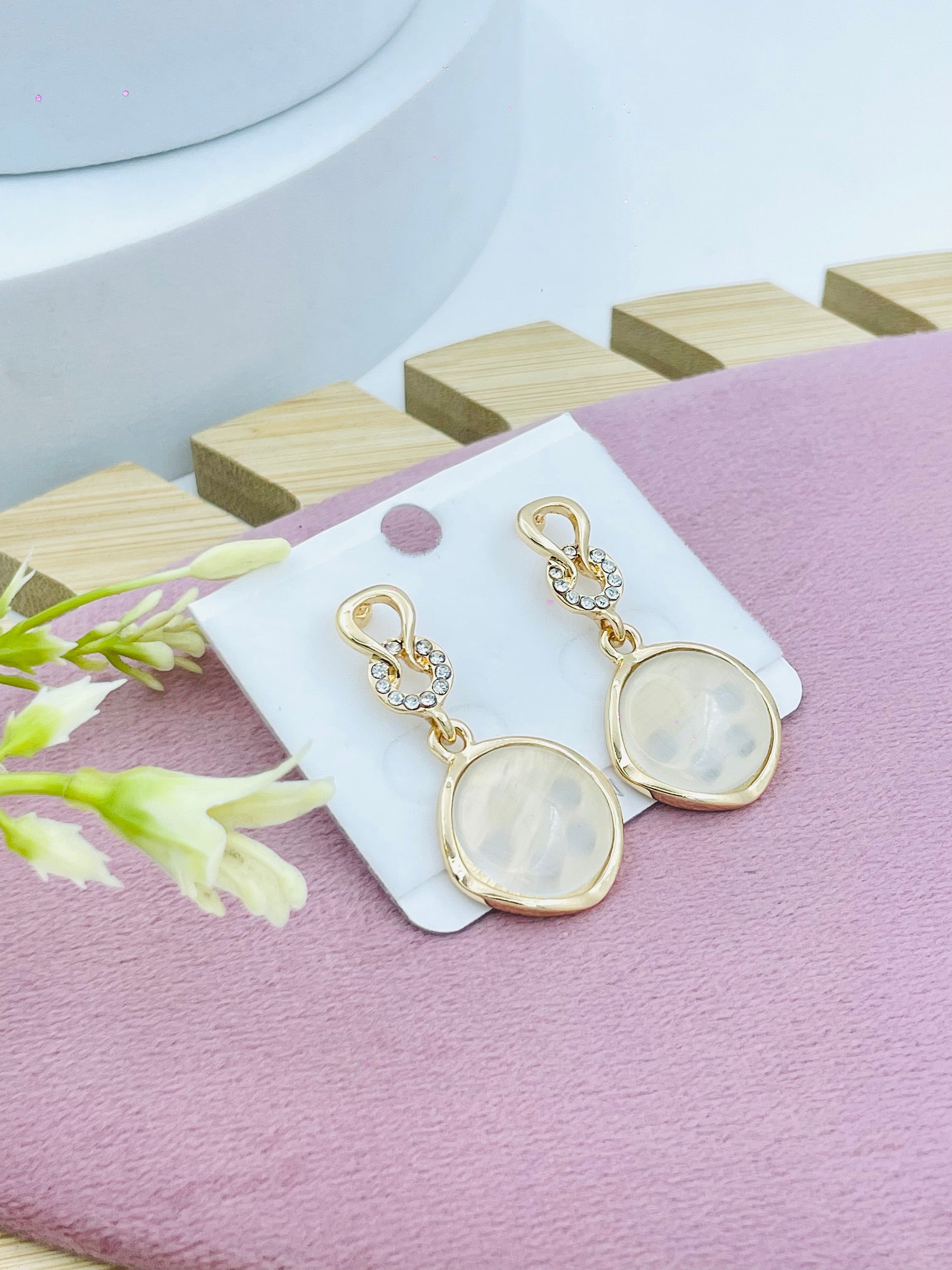 Elegant Gold Drop Earrings with White Stone