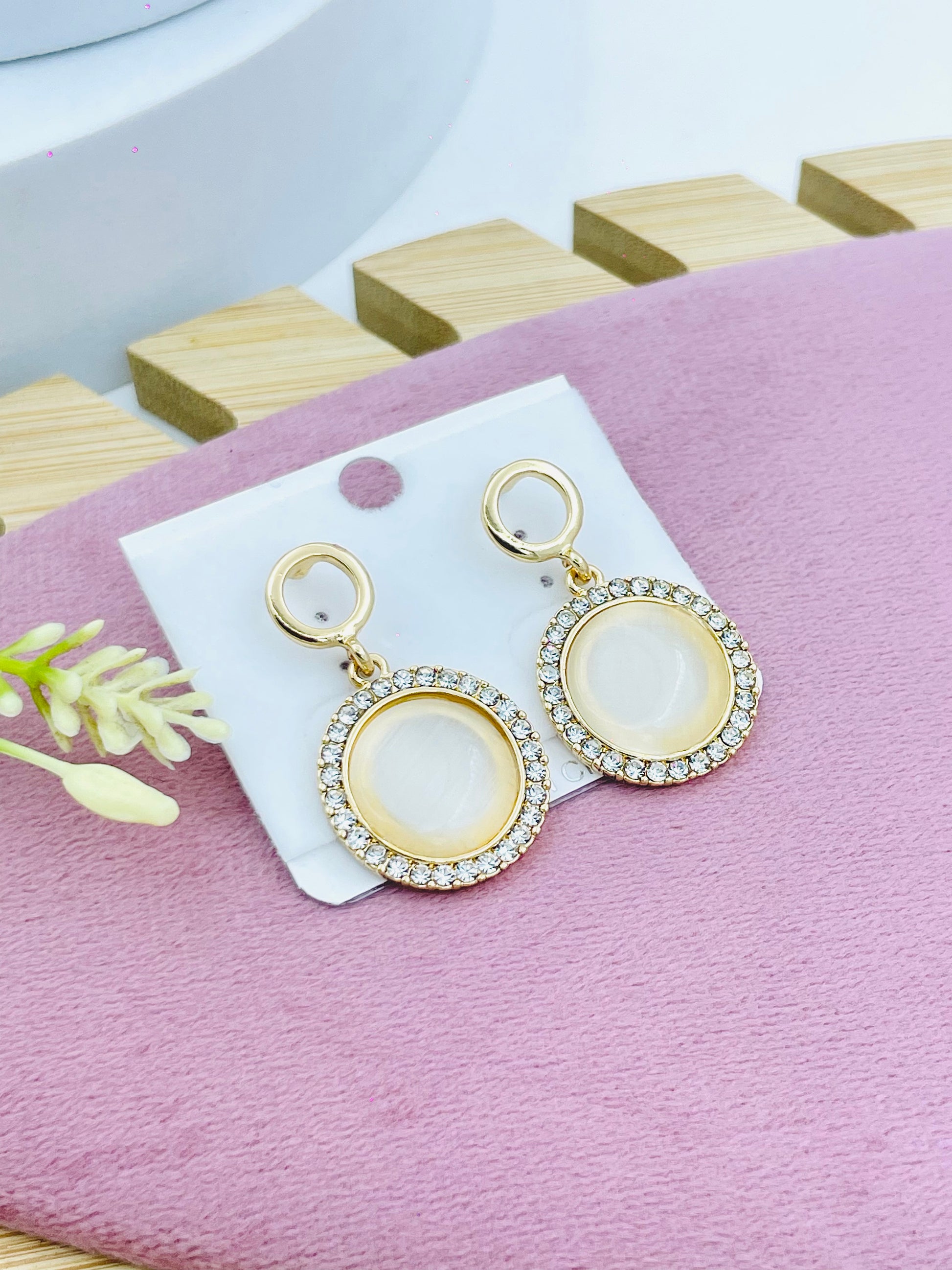 Stylish Round Gold Drop Earrings with Crystal Accents