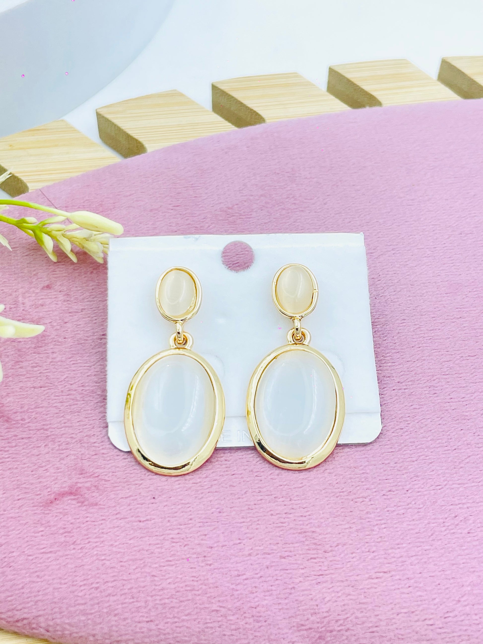 Elegant GoldPlated Round White Stone Drop Earrings