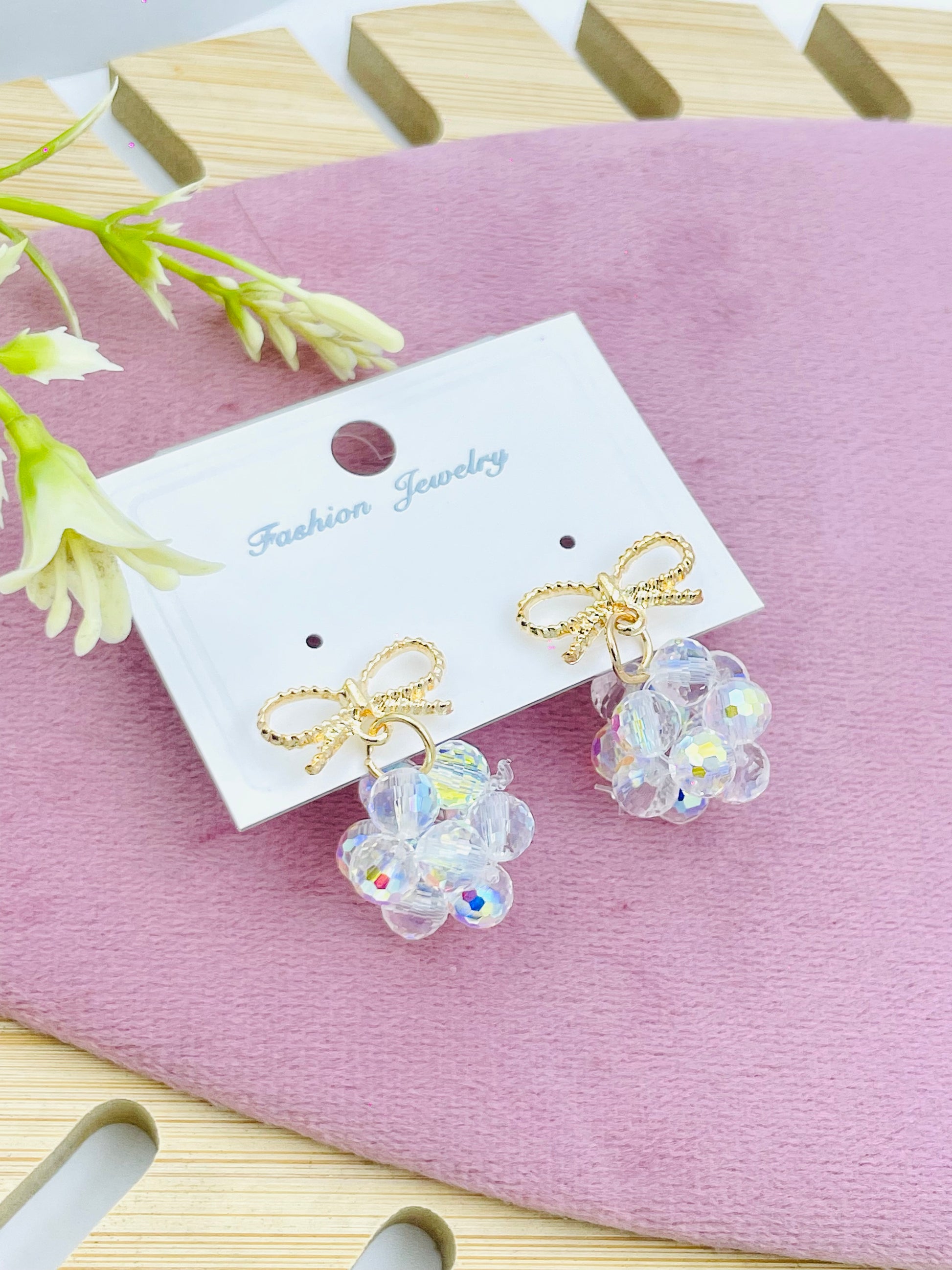 Elegant Crystal Flower Earrings with Bow