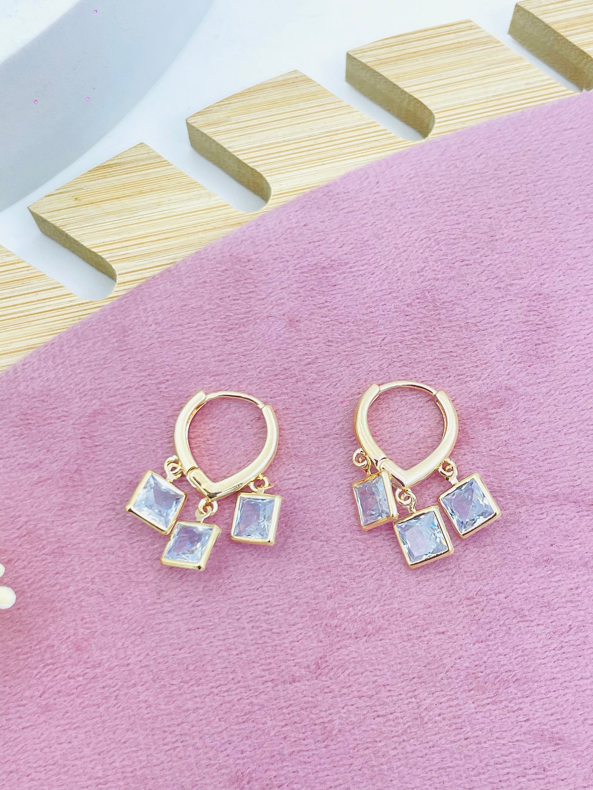 Elegant Gold Hoop Earrings with Square Crystal Charms