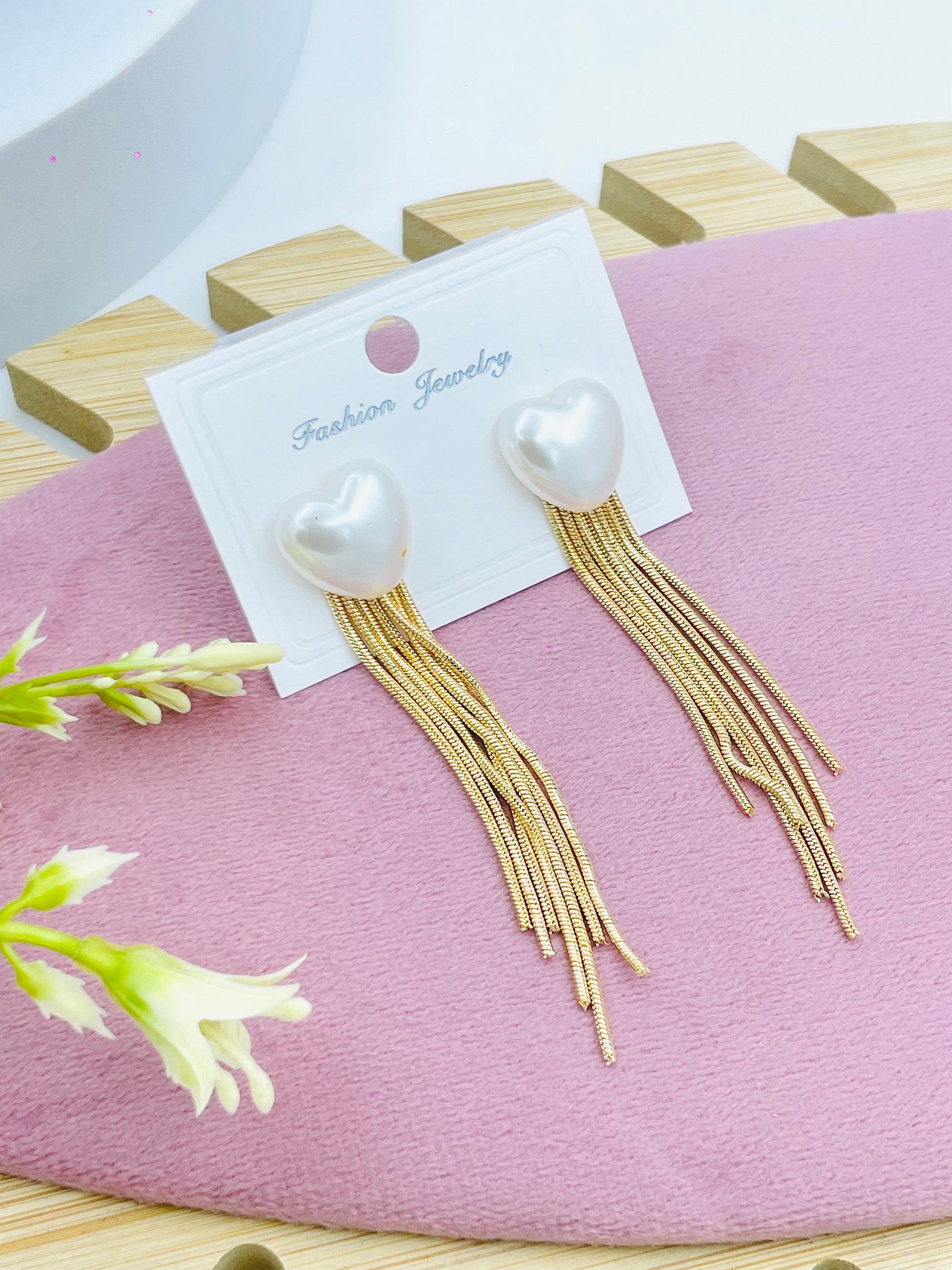 Heart Shaped Pearl Tassel Earrings  Elegant Fashion Jewelry