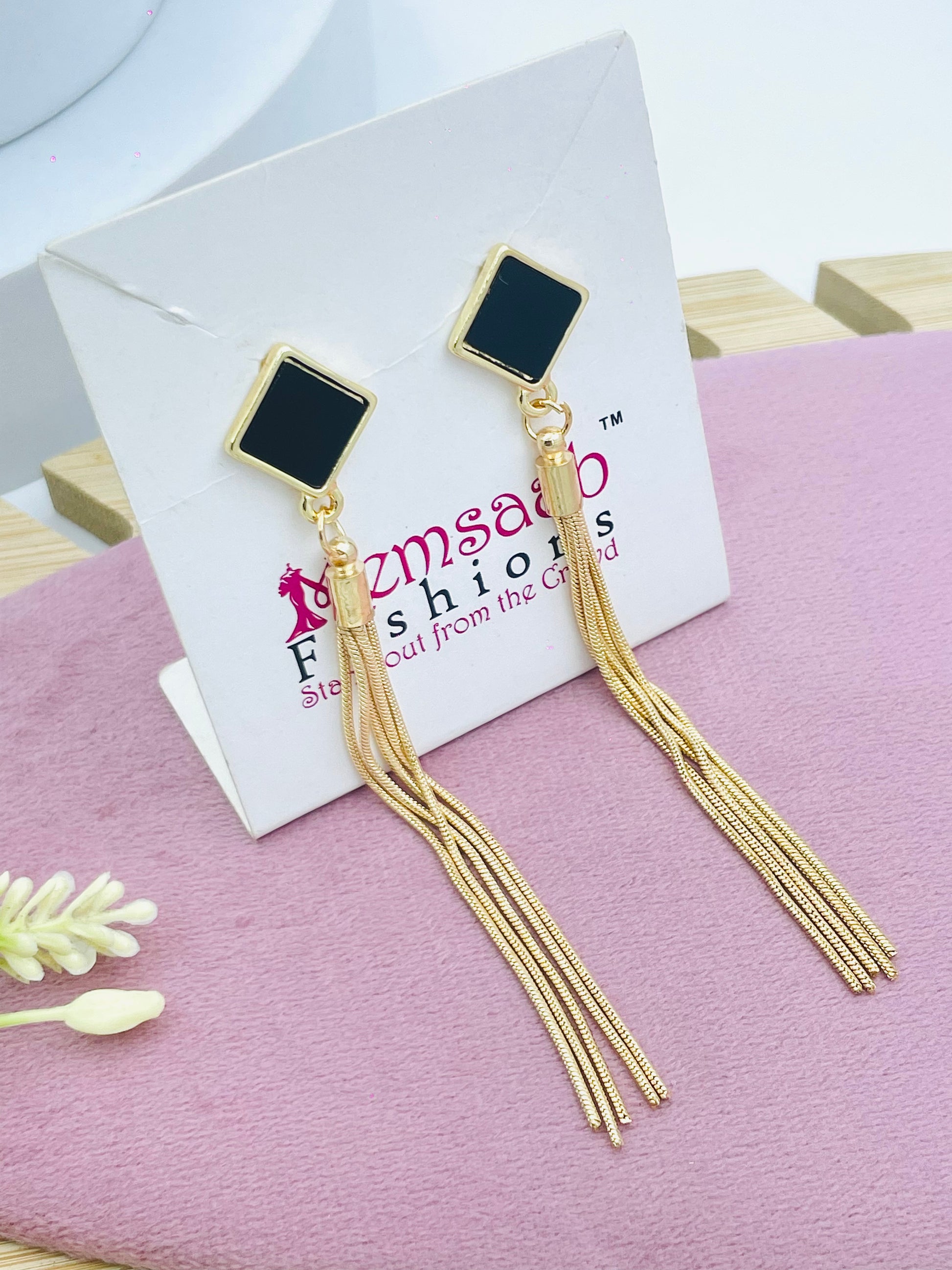 Elegant Black and Gold Geometric Tassel Earrings