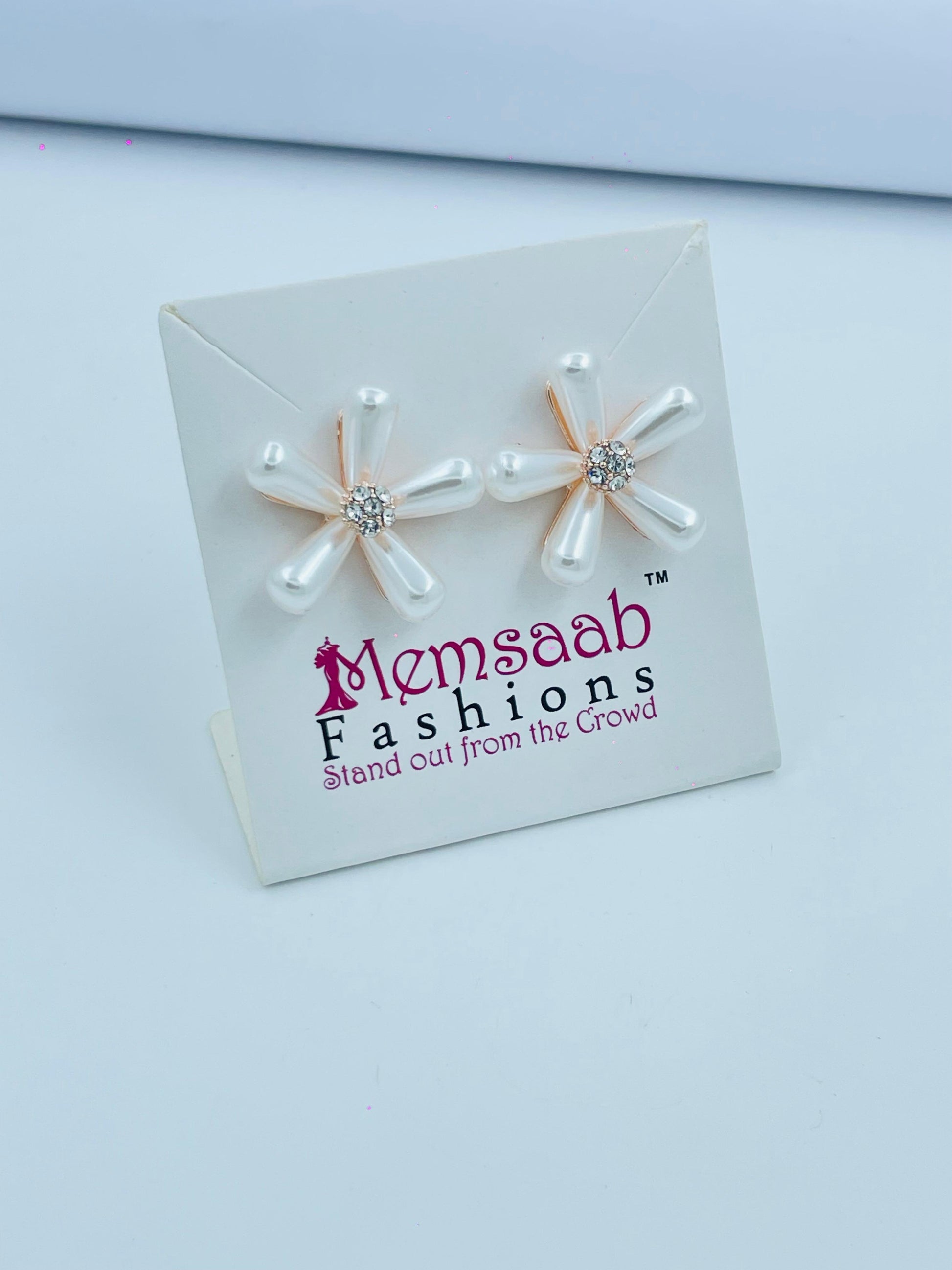 White Flower Stud Earrings | Rose Gold & Rhinestone Center Design
