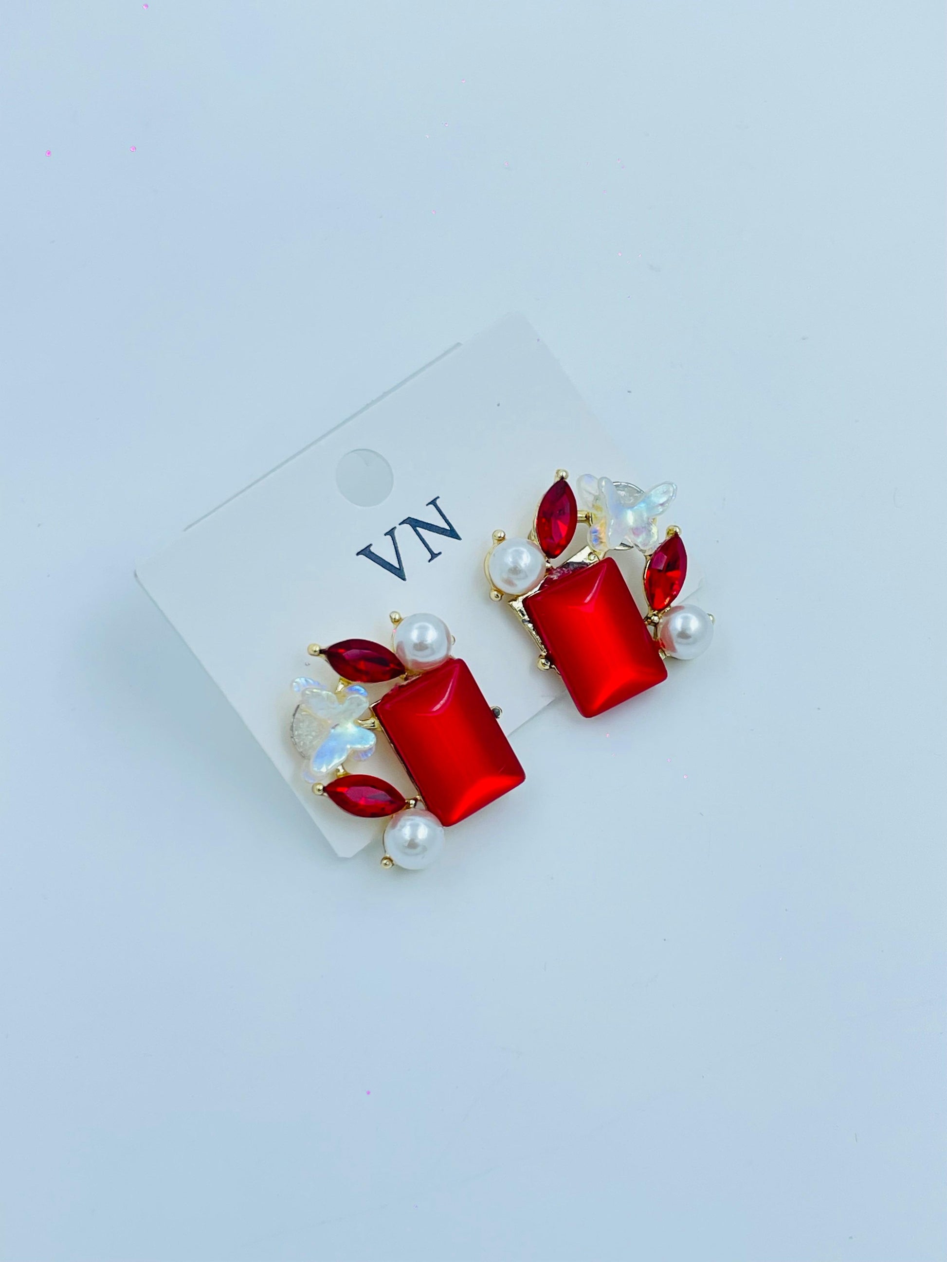Red Crystal and Pearl Earrings with Gold Accents | Elegant Jewelry